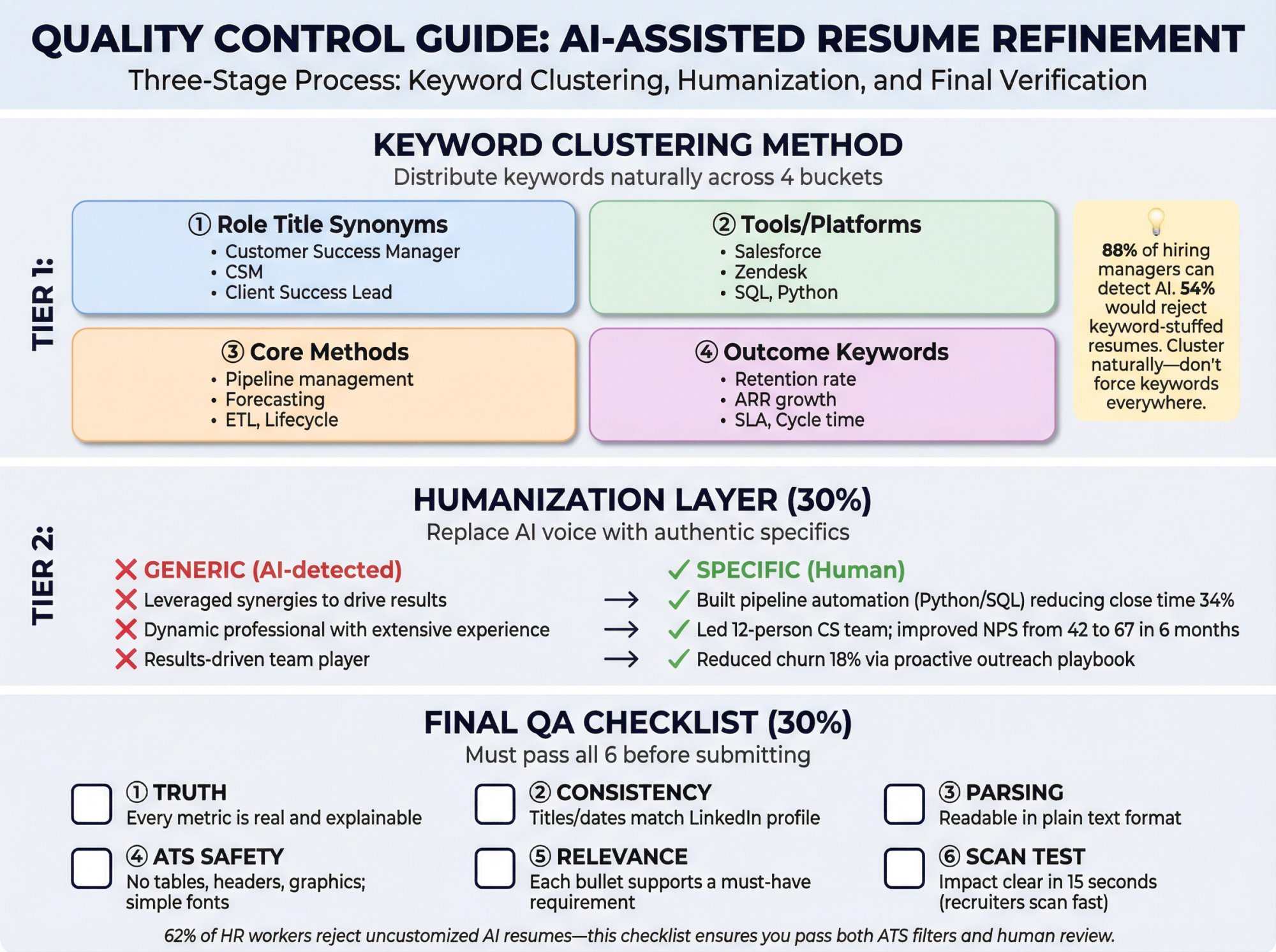 Three-tier infographic showing keyword clustering method with 4 buckets, humanization checklist, and 6-point QA verification system for AI resumes