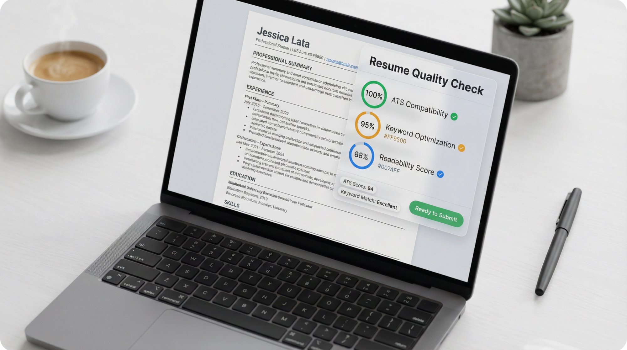 Clean desktop workspace showing resume verification dashboard with ATS compatibility checks, keyword analysis, and readiness confirmation before job application submission