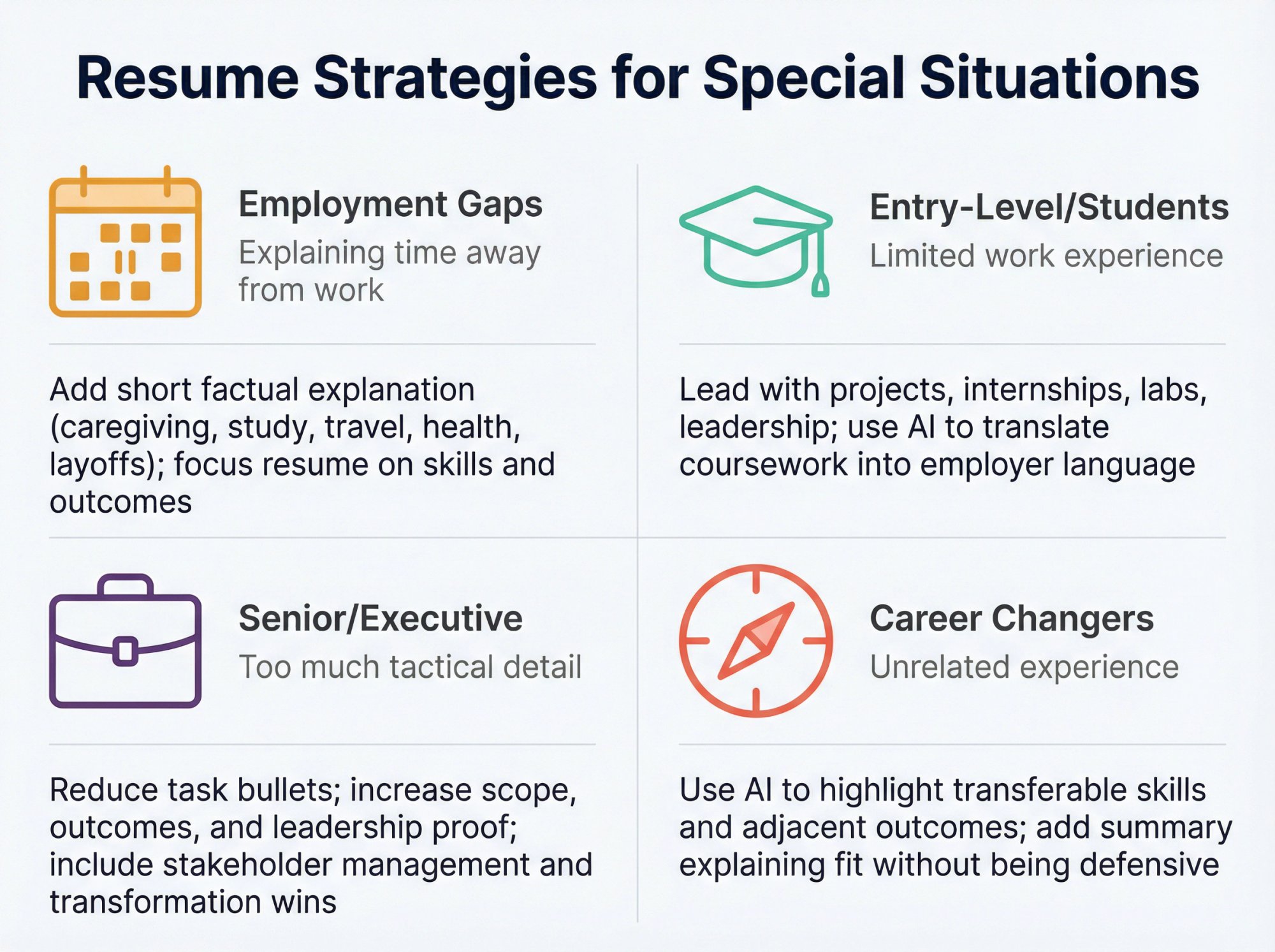 Four-quadrant visual guide showing resume strategies for employment gaps, entry-level, executives, and career changers