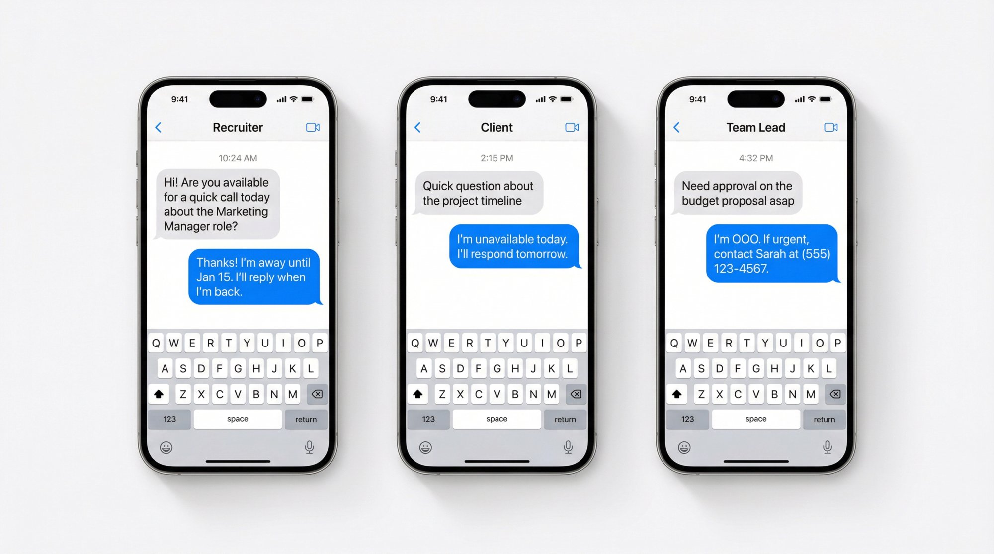 Three iPhone screens showing professional SMS out-of-office auto-reply examples for vacation, one-day absence, and urgent backup contact scenarios