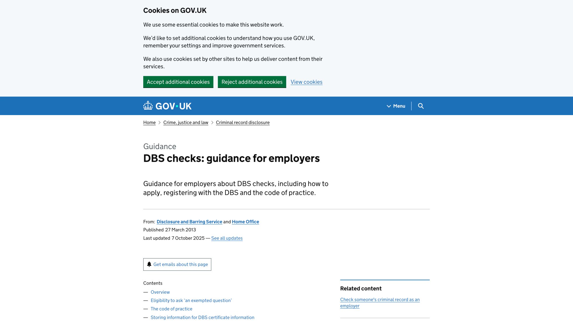 Official UK DBS guidance page showing criminal record check requirements for employers