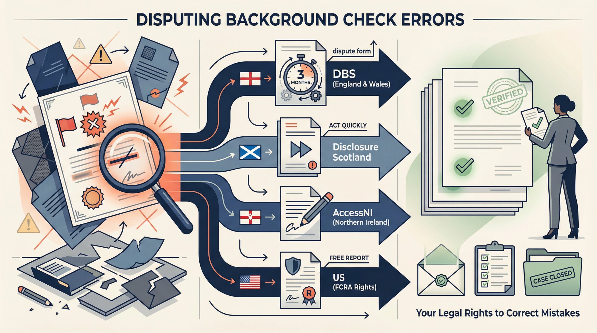 Editorial illustration showing the journey from discovering background check errors to successfully disputing them across UK and US systems