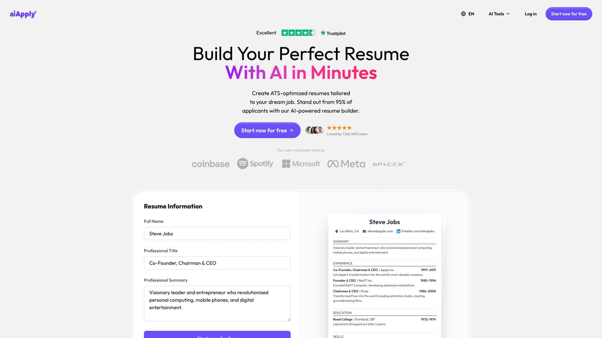 AIApply Resume Builder interface showing AI-powered resume creation tool
