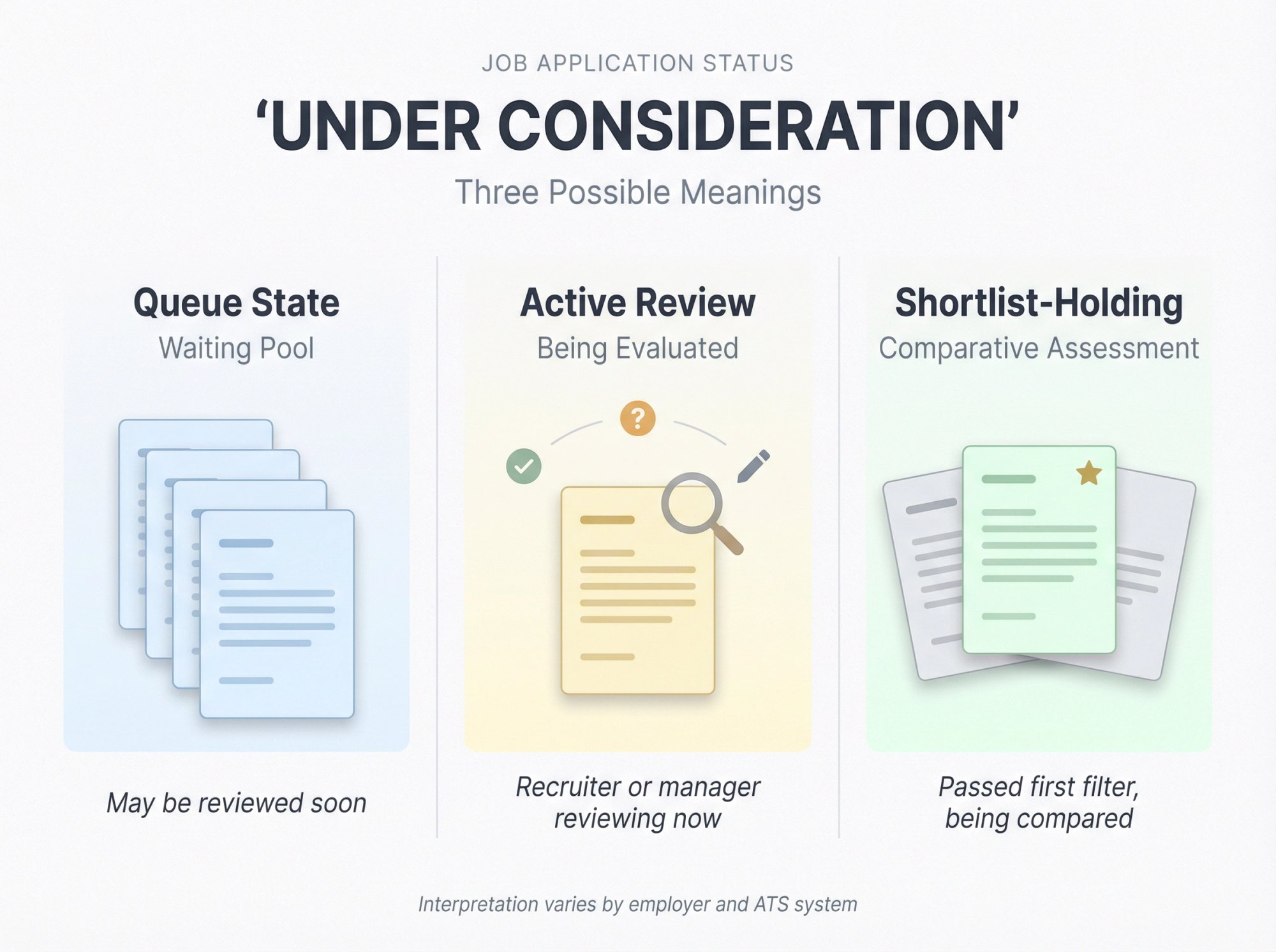 Visual diagram showing three possible meanings of 'Under Consideration' job status: queue state, active review, and shortlist holding