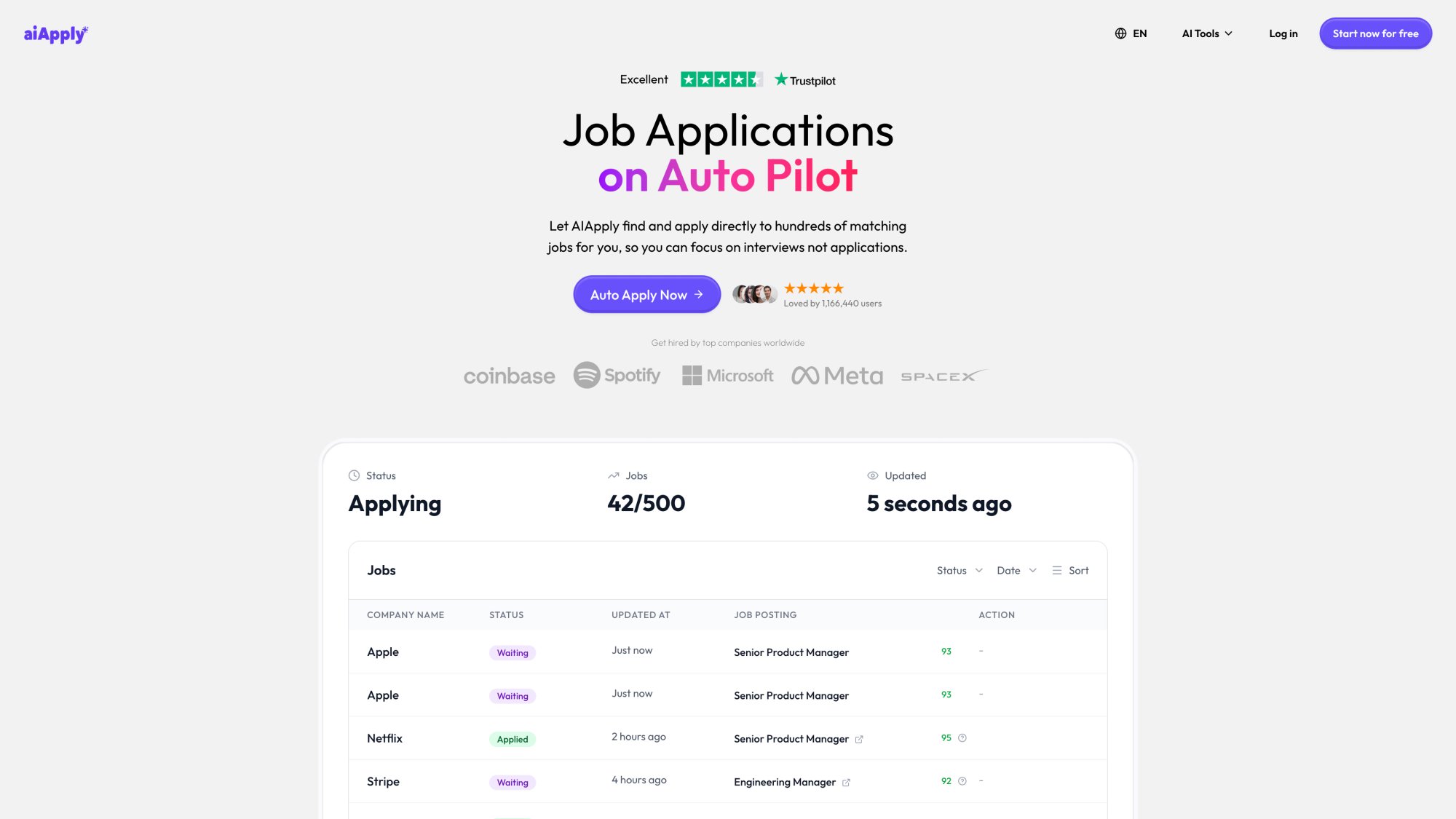 AIApply Auto Apply platform interface showing automated job application submission with 500+ applications per month capability