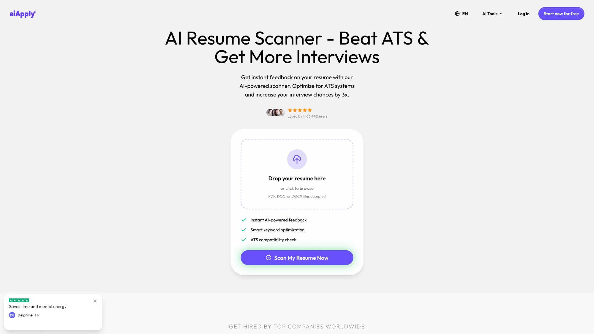 AIApply Resume Scanner interface displaying ATS compatibility score with keyword gaps and formatting feedback