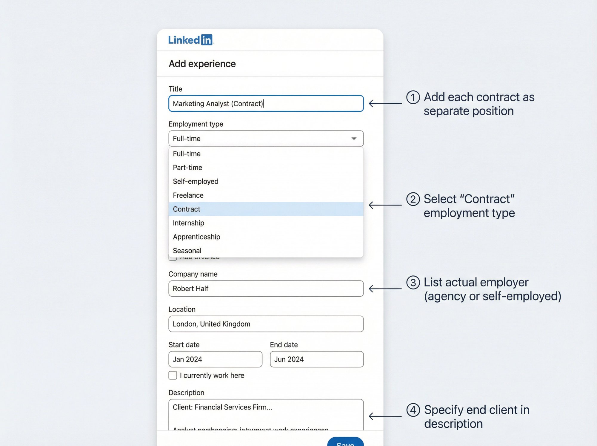 LinkedIn job entry interface showing proper contract work fields with annotations for employment type and employer details