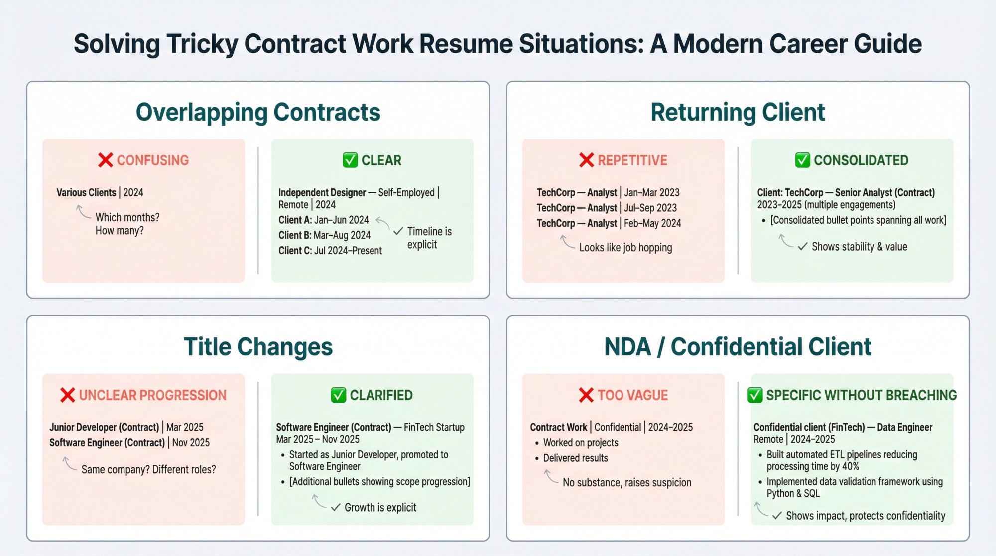 Four-panel visual guide showing solutions to common contract work resume challenges with before-and-after examples