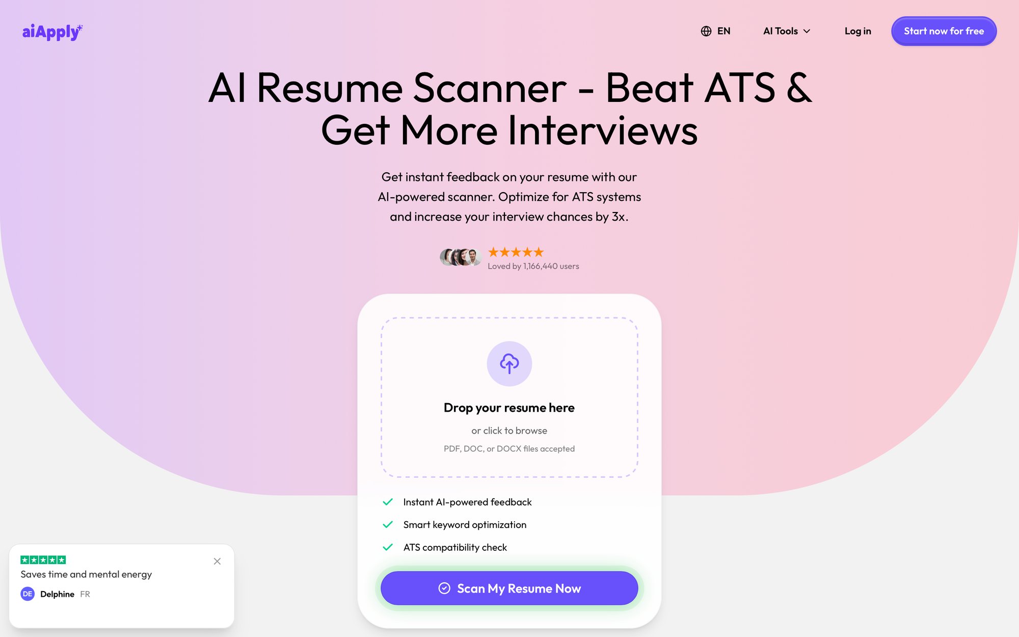 AIApply landing page for an AI resume scanner, with features for ATS optimization.