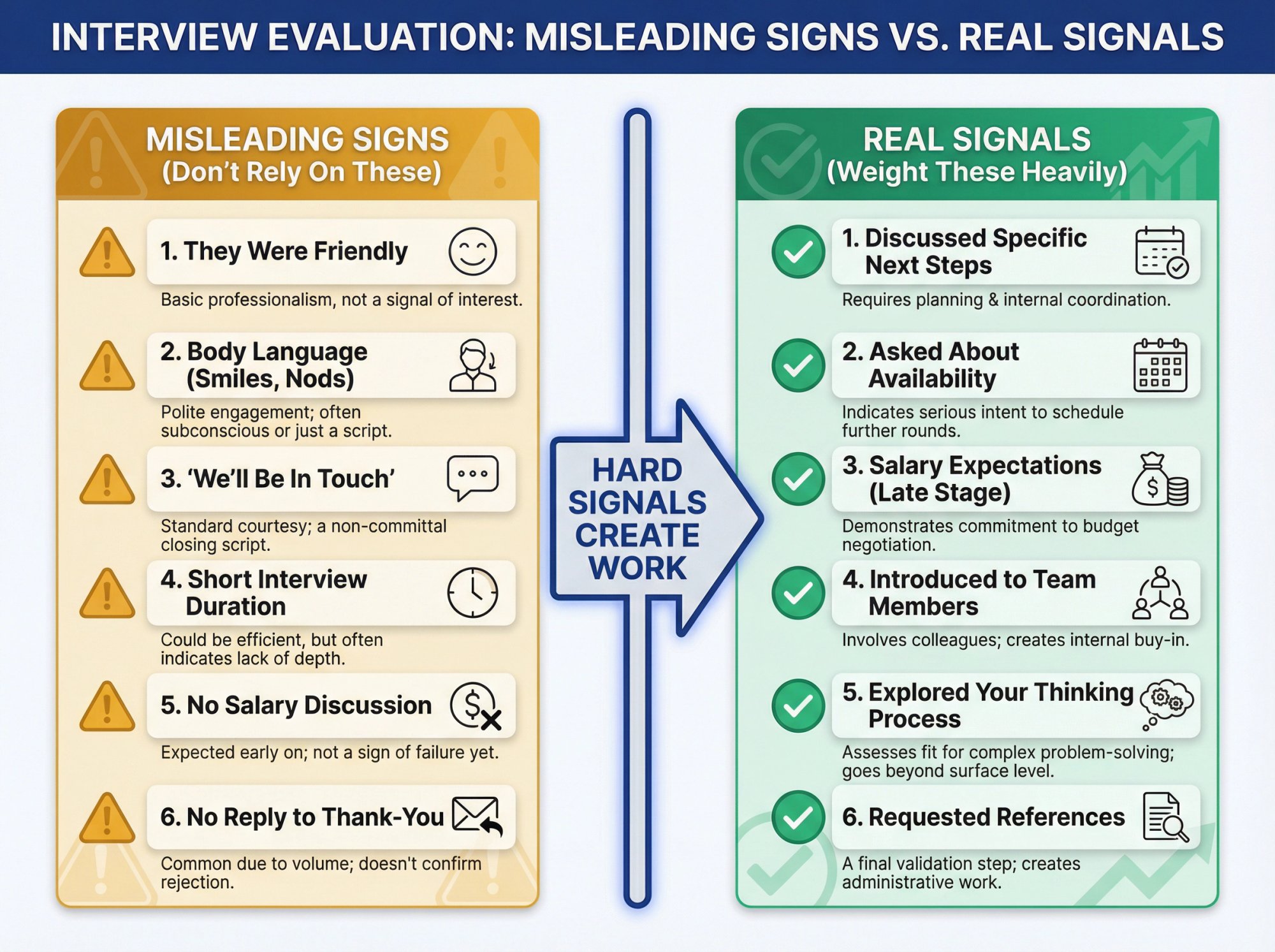 Split comparison showing 6 misleading interview signs versus 6 reliable hard signals