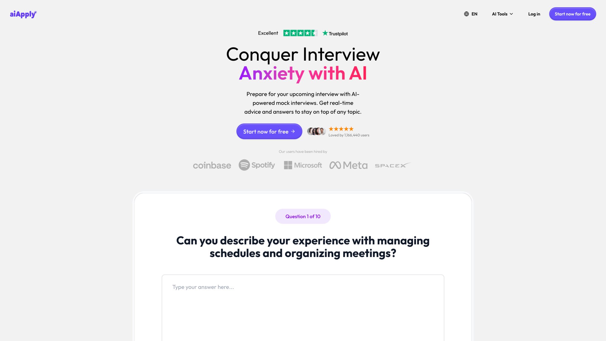 AIApply Mock Interview simulator interface with AI-powered feedback and practice question library