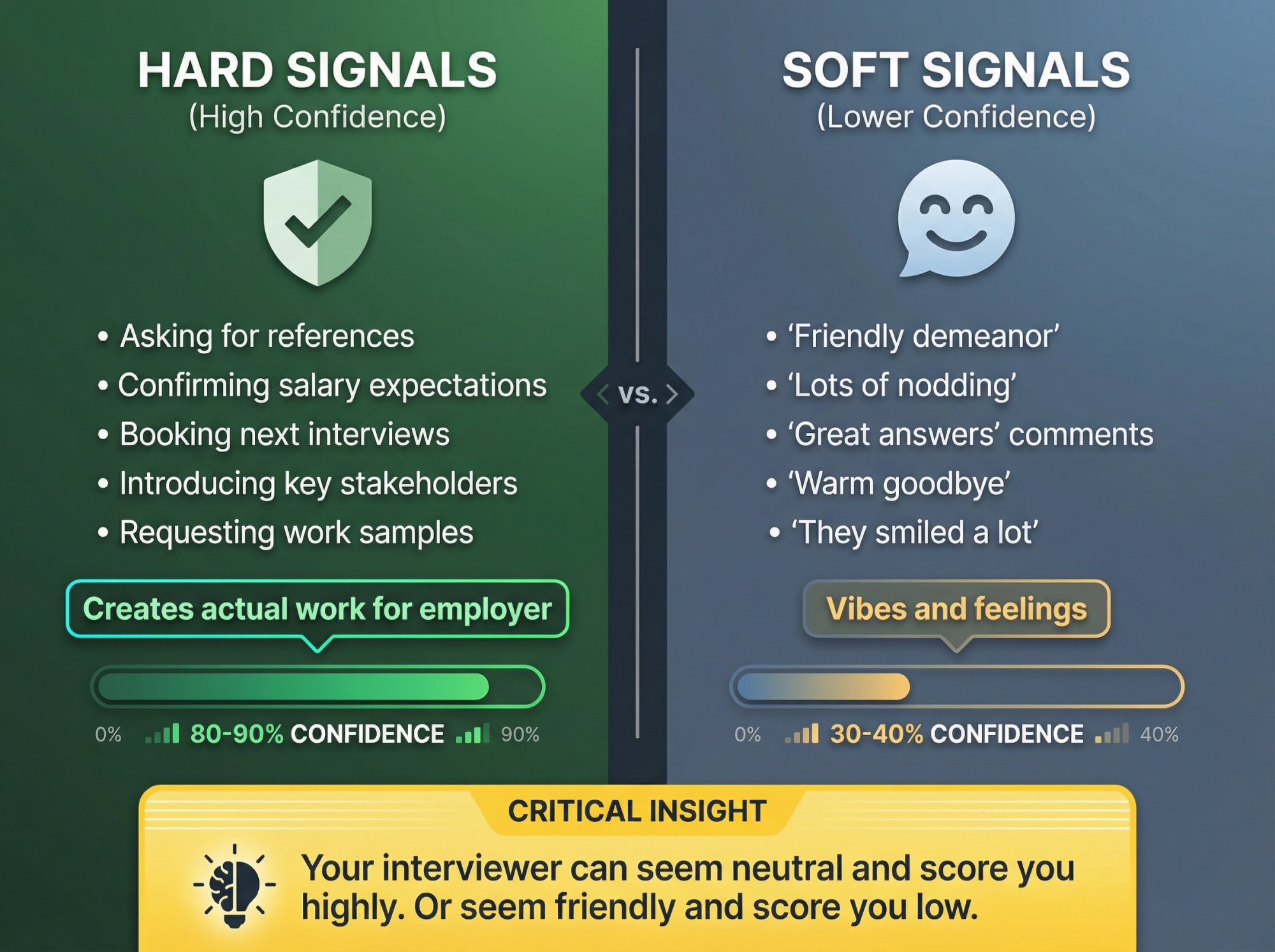Split comparison infographic showing hard interview signals versus soft signals with confidence indicators
