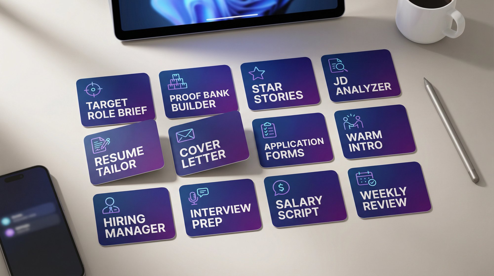 Modern professional workspace showing organized AI prompt toolkit for strategic job search