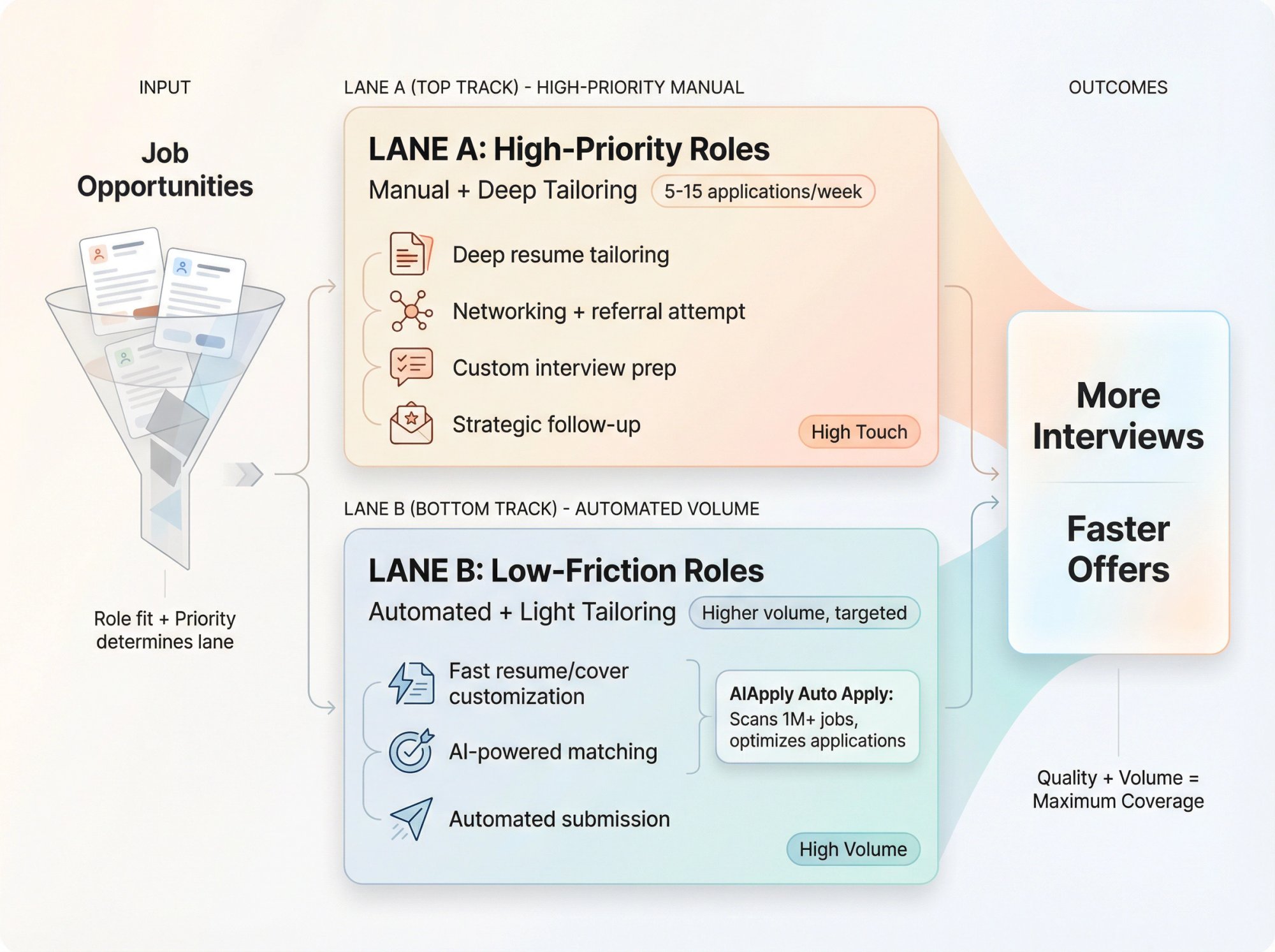 Strategic two-lane job application pipeline showing manual high-priority track versus automated volume track with specific activities and outcomes