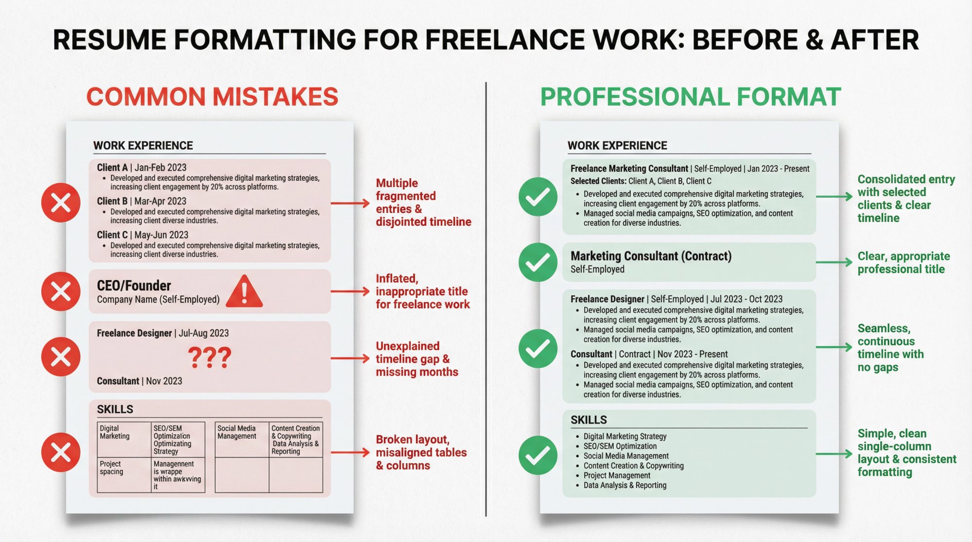 Side-by-side comparison showing wrong vs right ways to list freelance work on a resume