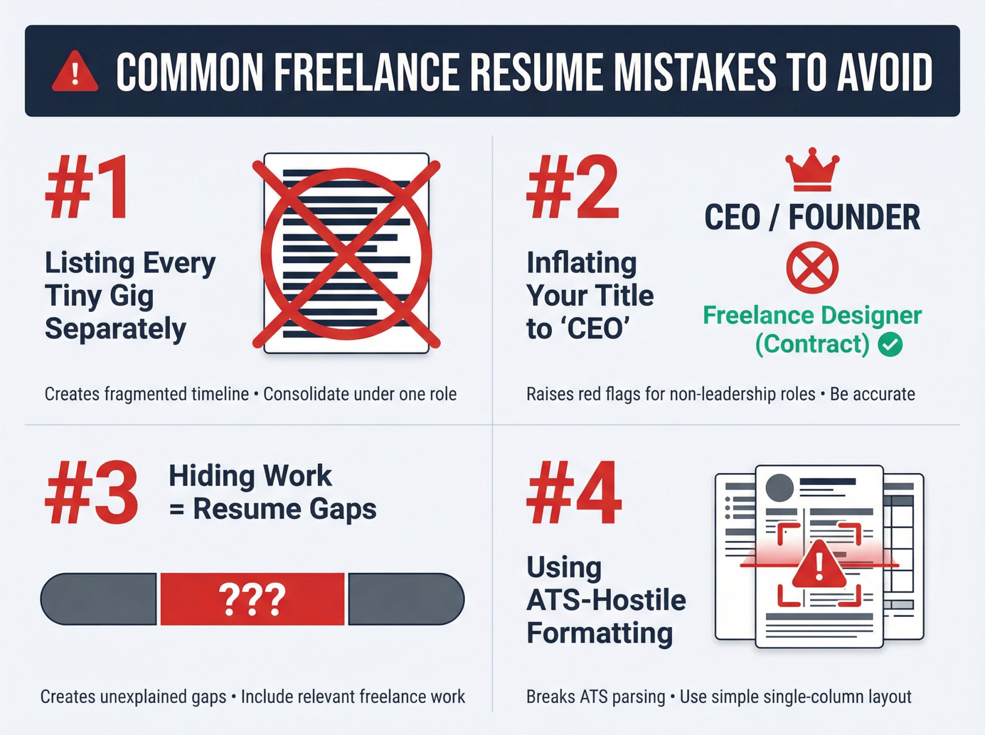 Four common freelance resume mistakes illustrated with clear visual examples and corrections