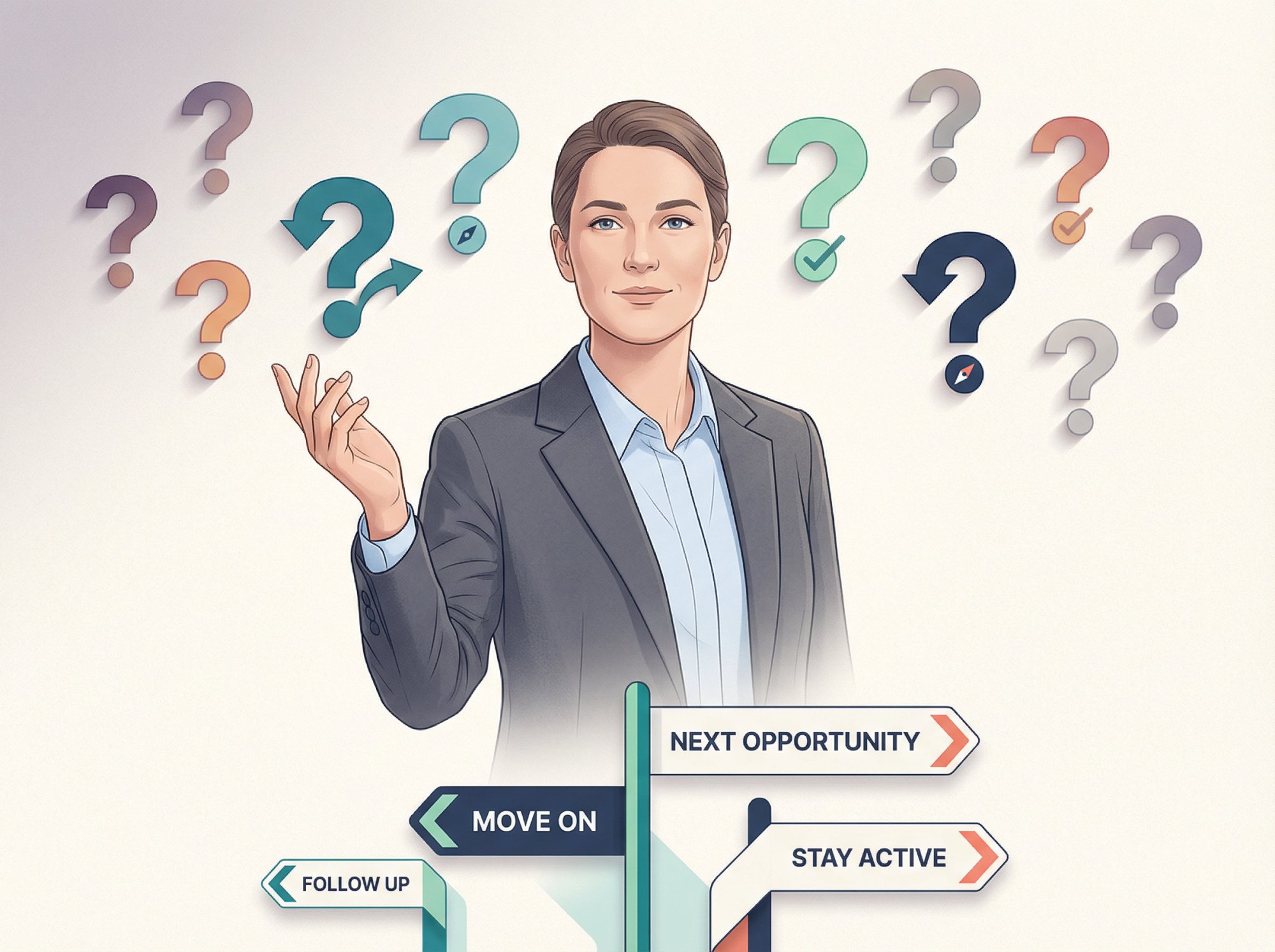 Modern editorial illustration of a professional navigating post-interview questions with clarity and confidence