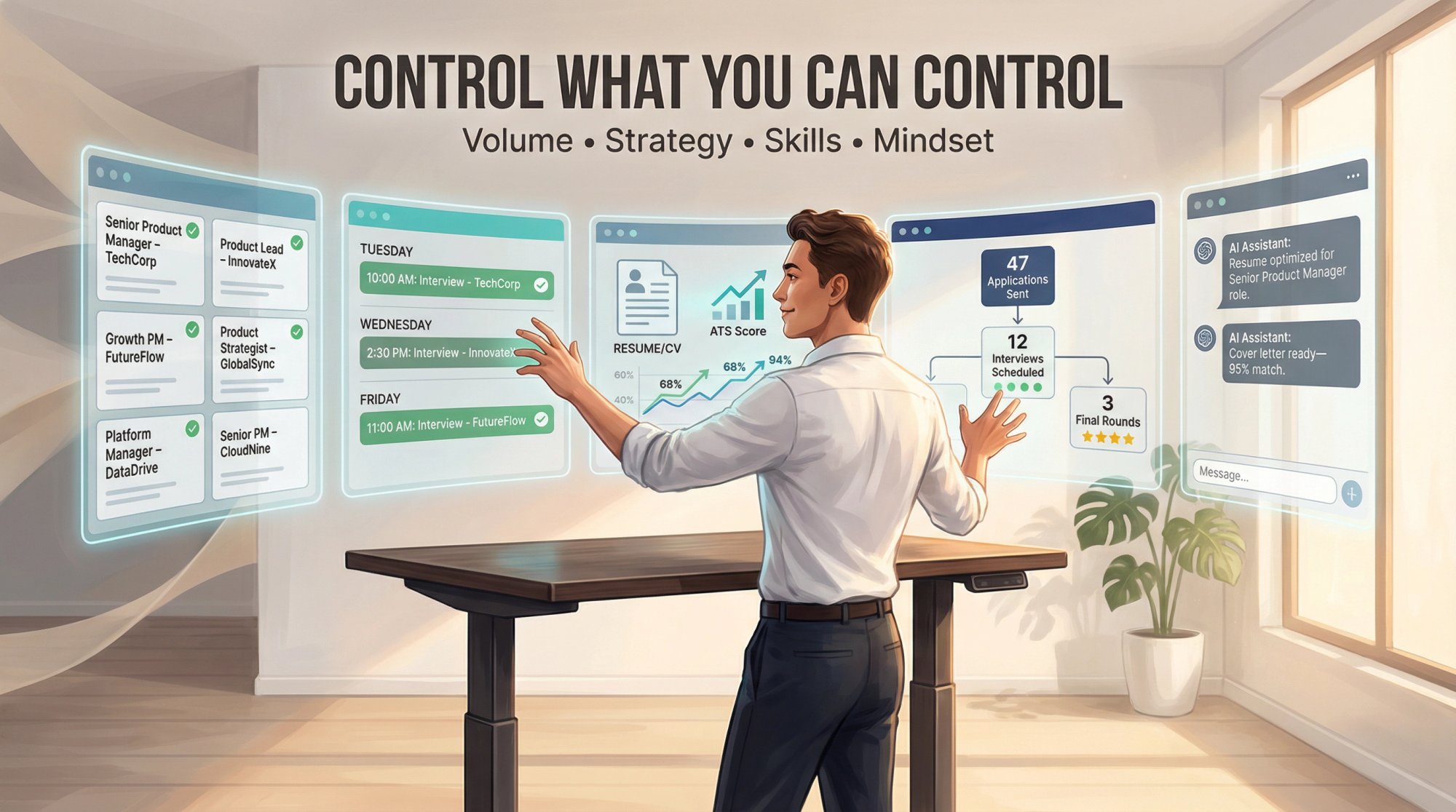 Modern professional actively managing multiple job applications through AI-powered holographic interface, symbolizing control and momentum in job search