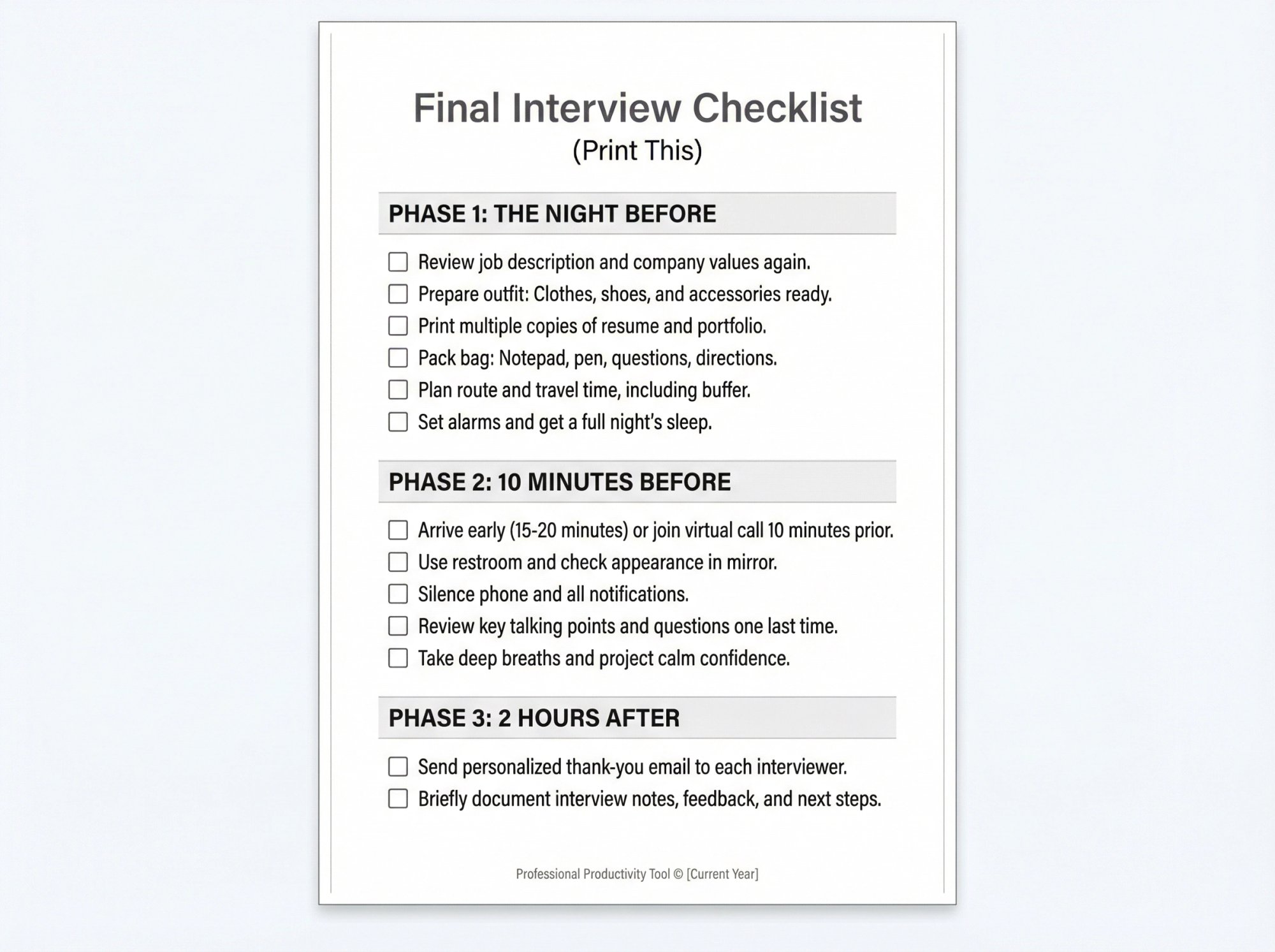 Printable final interview checklist with three time-based phases for complete preparation