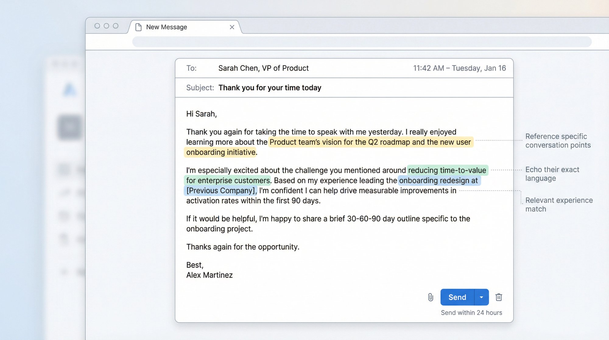 Professional email interface showing a personalized thank-you note being composed within 24 hours after final interview