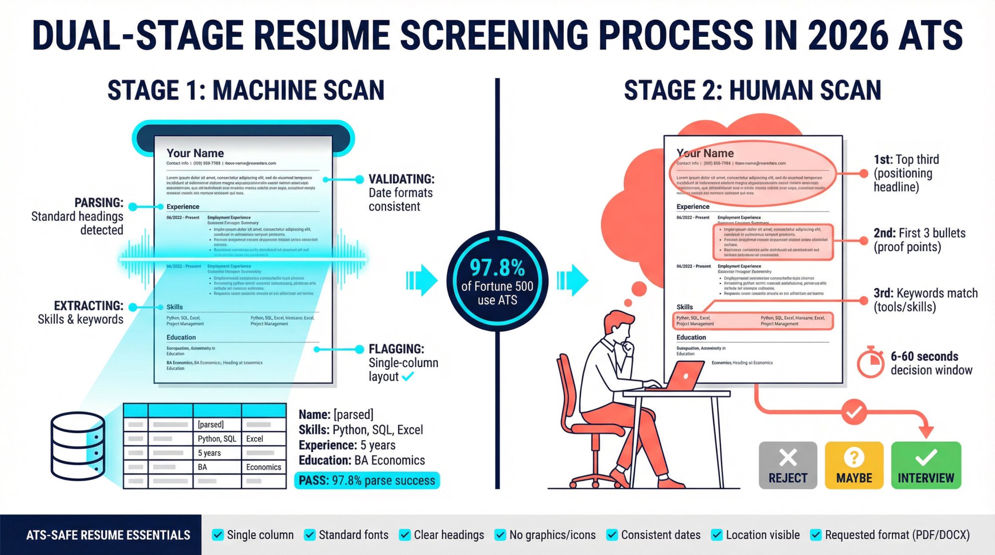 Visual breakdown of how ATS systems process resumes through machine parsing and human review stages