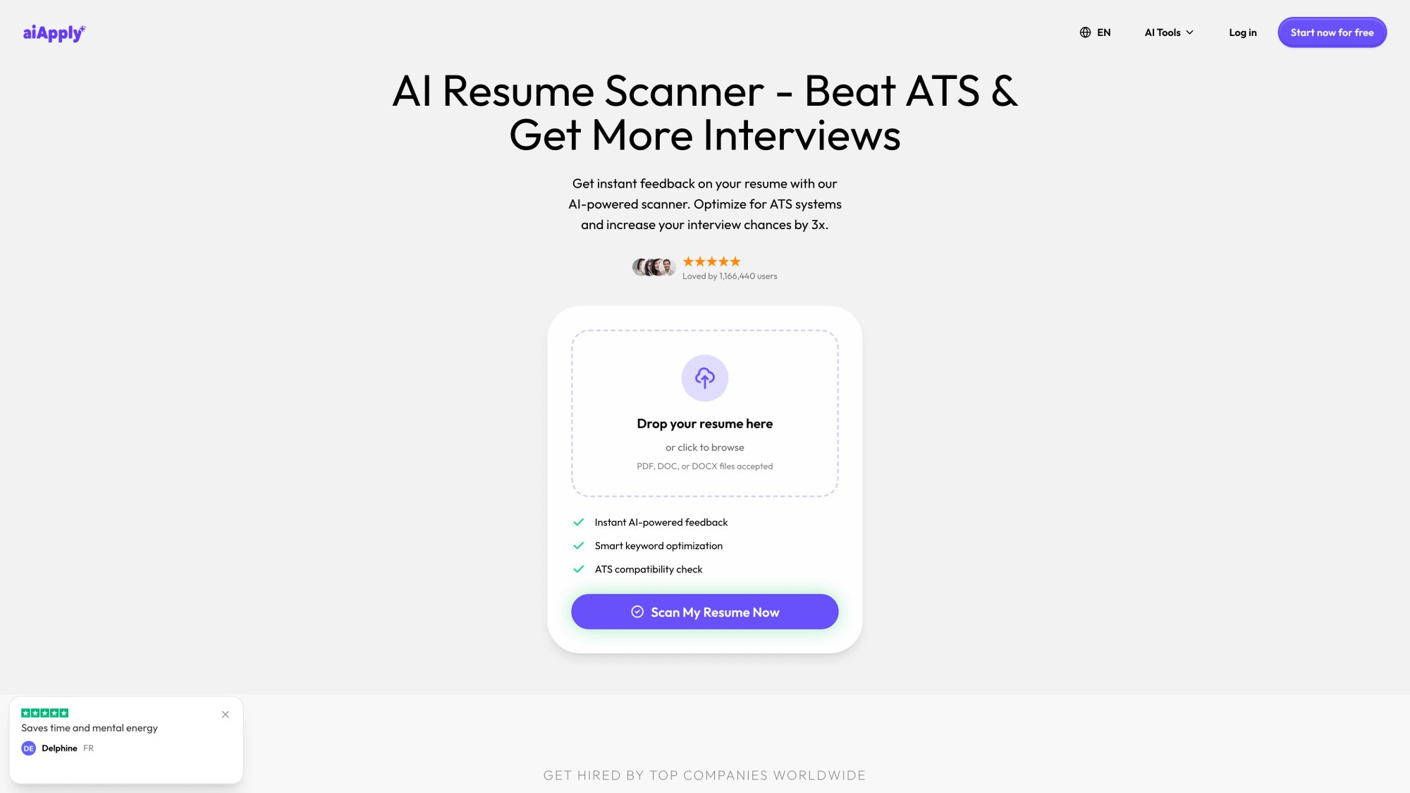 AIApply Resume Scanner interface showing ATS compatibility checker with upload functionality and keyword analysis