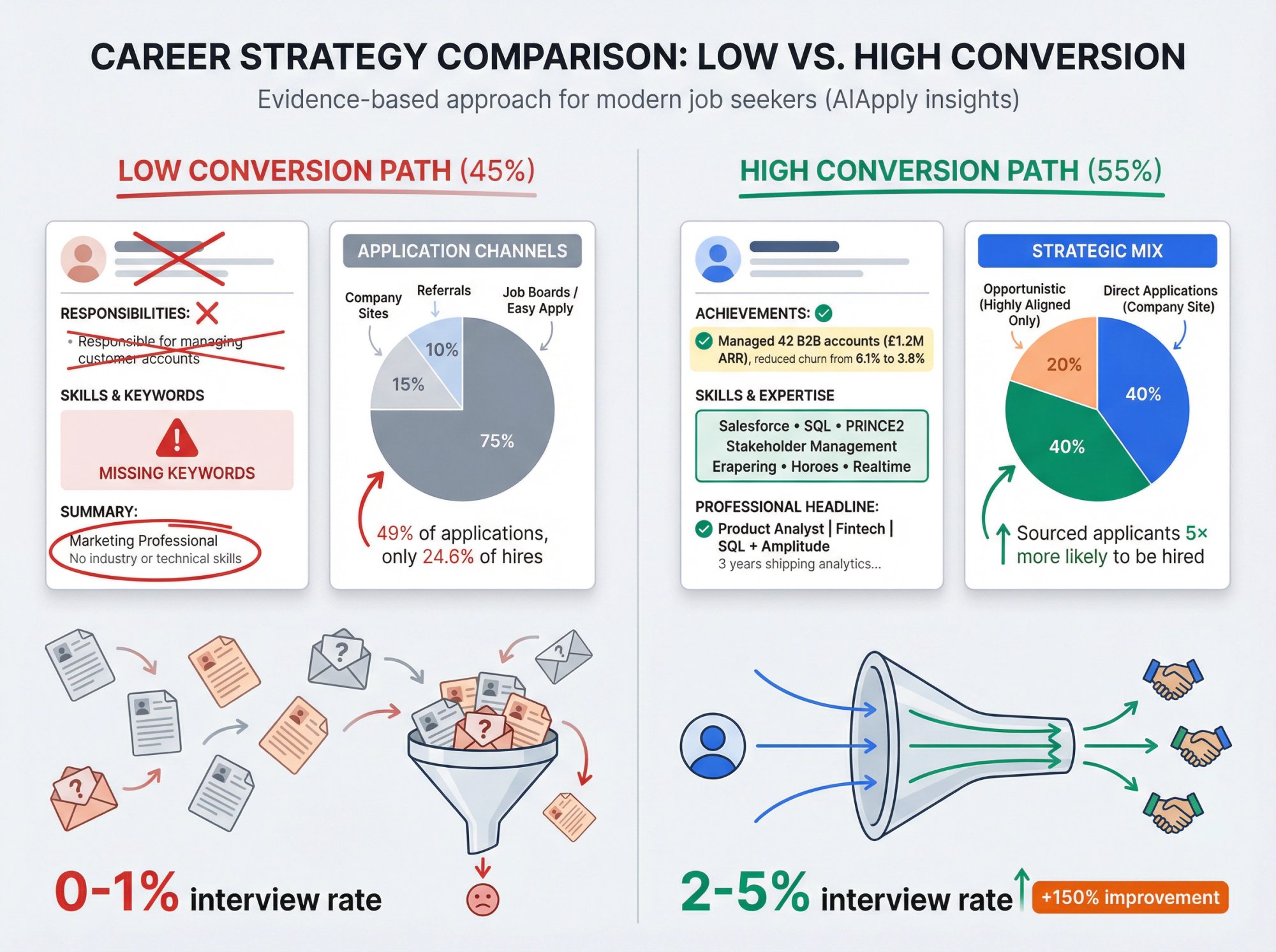 Split comparison showing low-conversion generic job applications versus high-conversion strategic approach with proof-based content