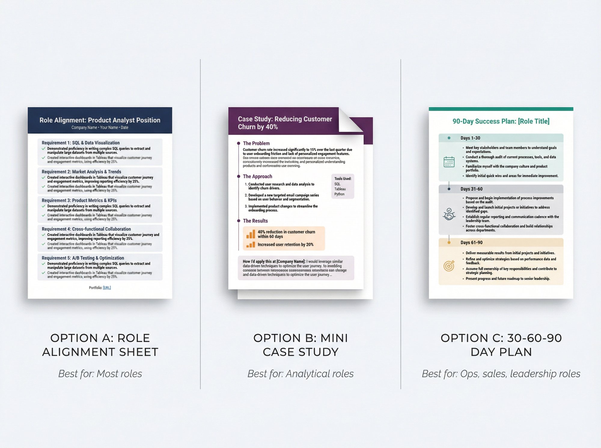 Visual guide showing three Proof Pack formats: role alignment sheet, case study template, and 30-60-90 day plan mockups