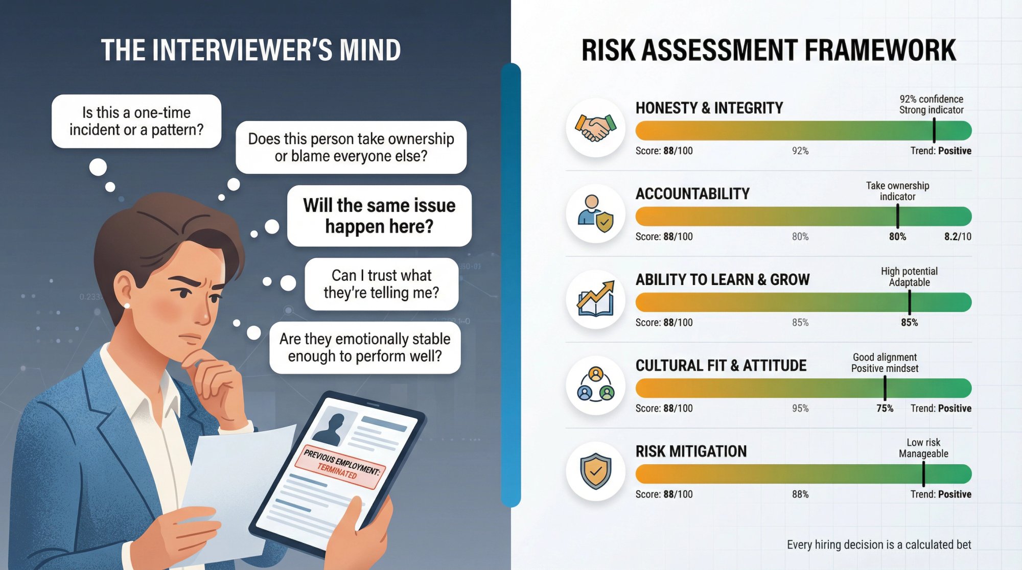 Visual diagram showing the five key questions interviewers mentally ask when evaluating a candidate who was fired