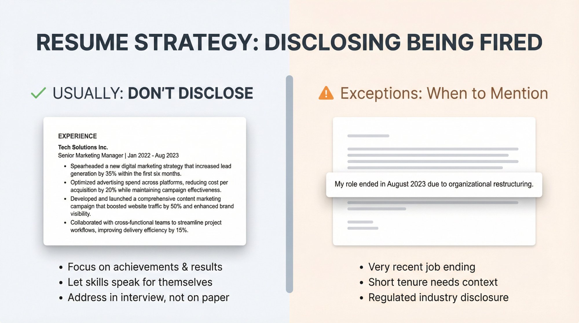Split comparison showing when to include vs. exclude firing disclosure on resume and cover letter