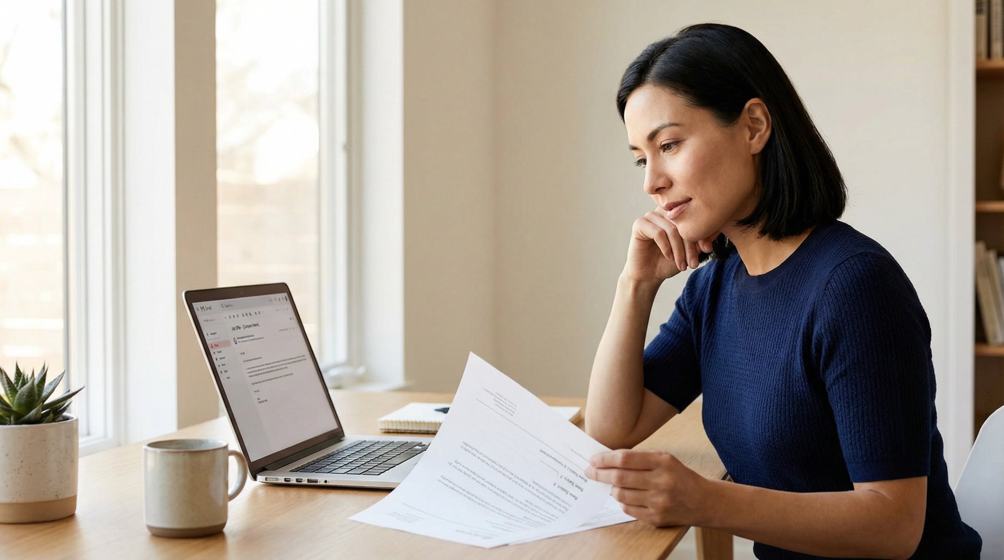 Professional reviewing job offer documents at modern workspace with confident, thoughtful expression