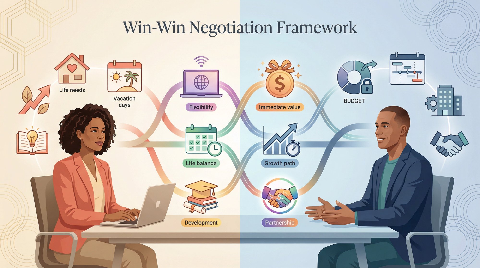 Professional illustration showing collaborative salary negotiation with floating compensation elements representing win-win thinking