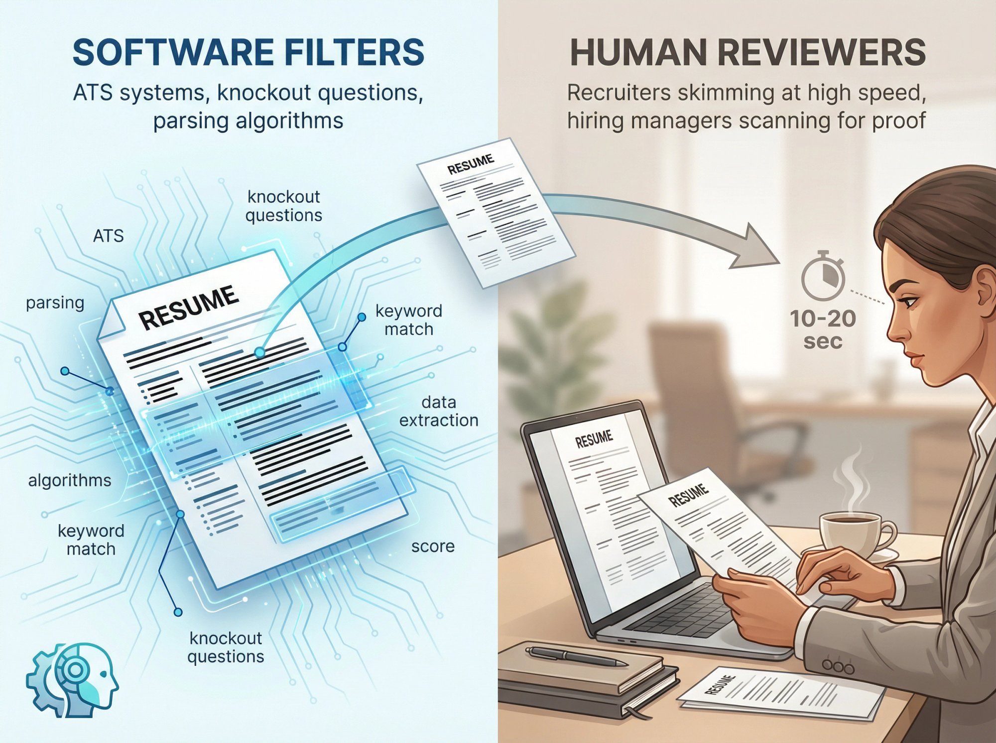 Diagram showing resume evaluation through two stages: automated ATS software filters and human recruiter review