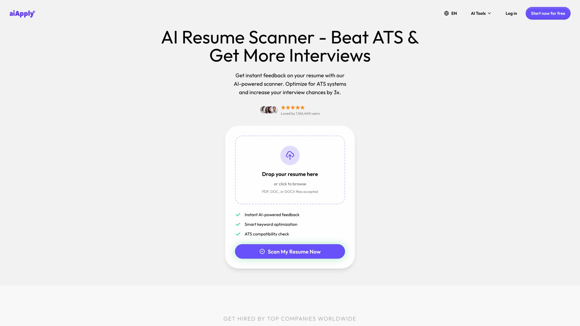 AIApply Resume Scanner interface showing ATS compatibility analysis and optimization suggestions