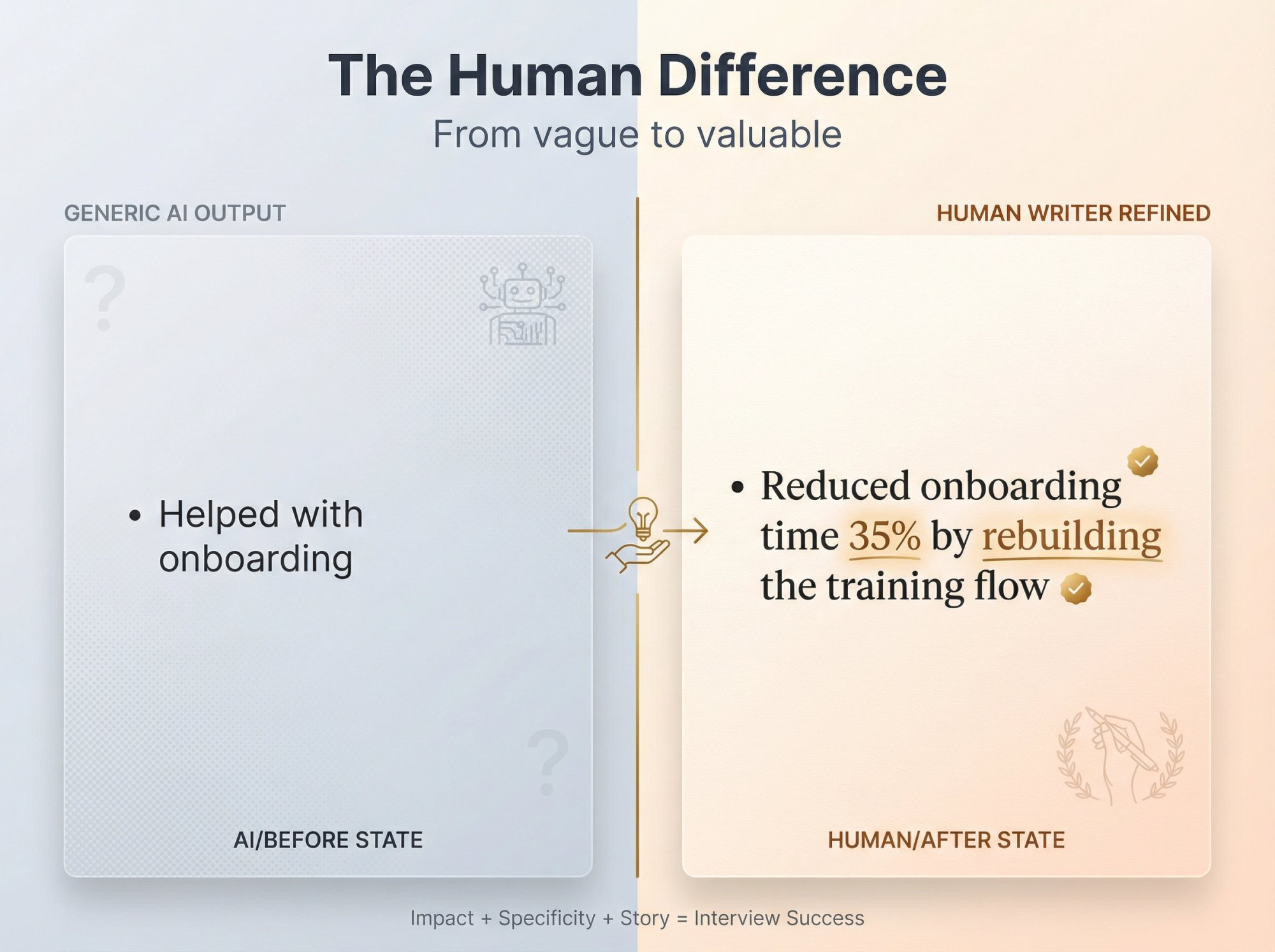 Side-by-side comparison showing how human resume writers transform weak bullet points into impact-driven narratives