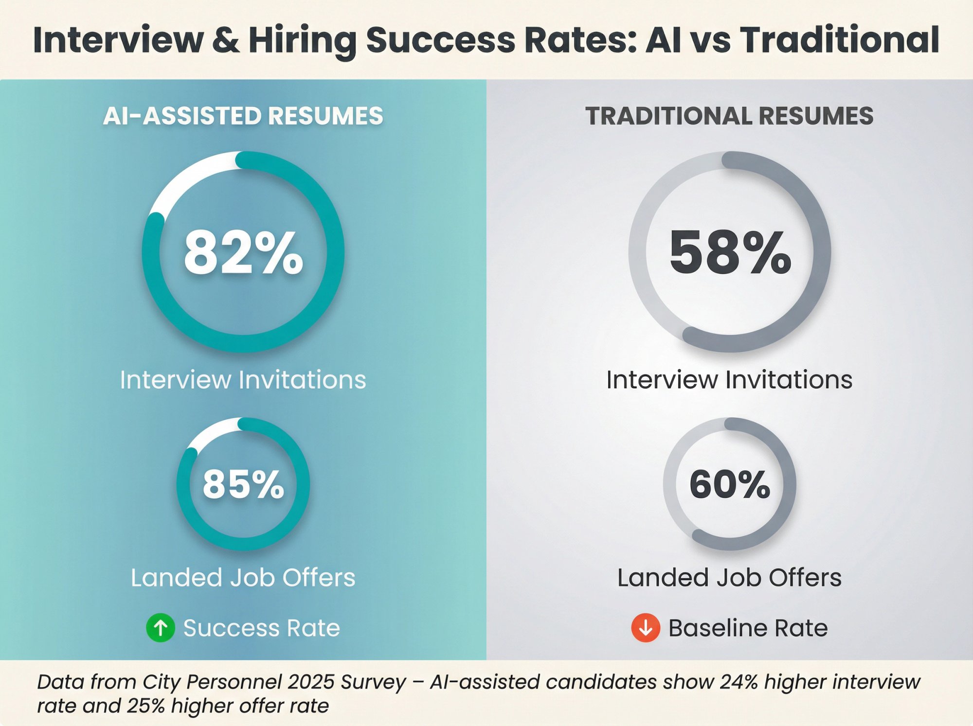 Side-by-side comparison showing AI-assisted candidates achieving 82% interview rate vs 58% for traditional applicants