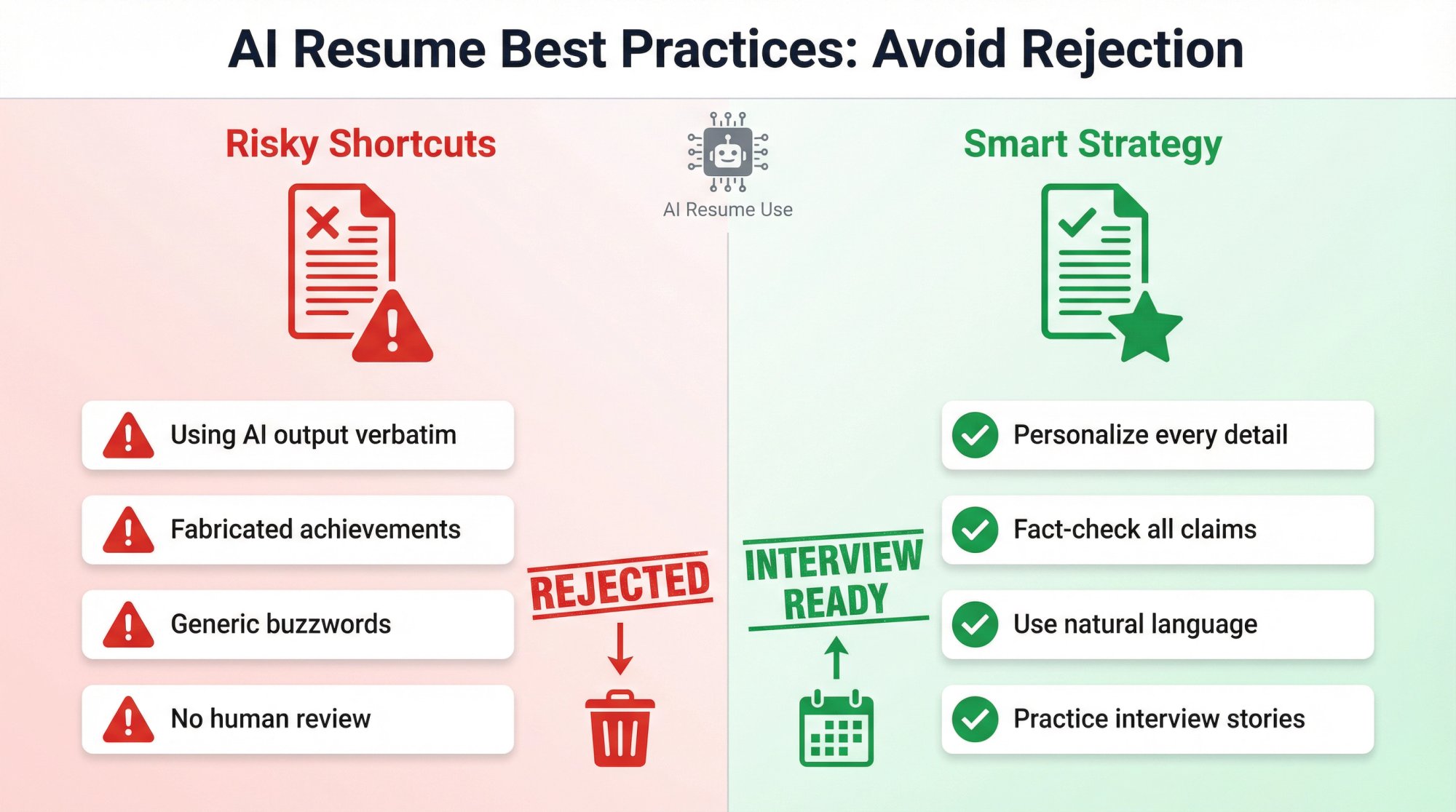 Side-by-side comparison infographic showing risky AI resume shortcuts vs smart AI resume strategies