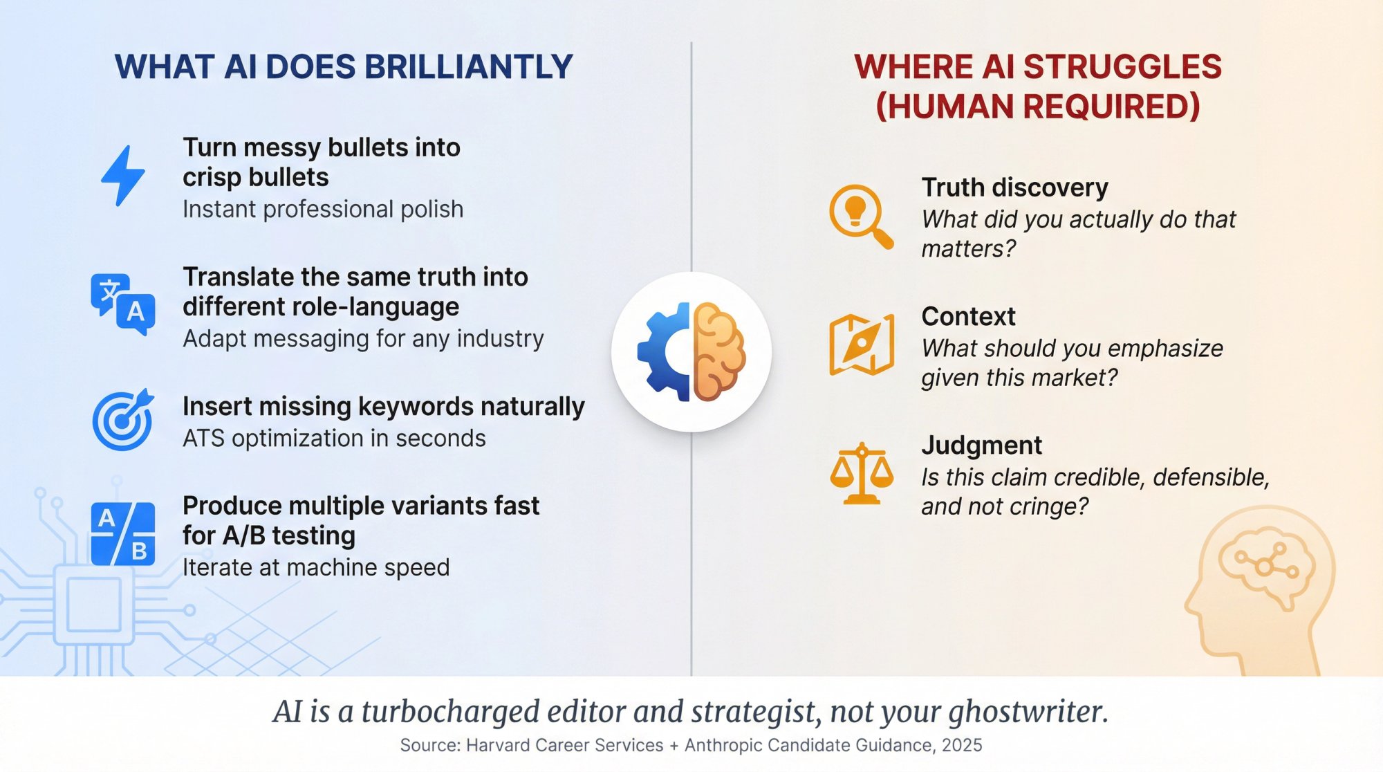 Split-screen infographic comparing AI resume writer strengths on the left versus human-required capabilities on the right