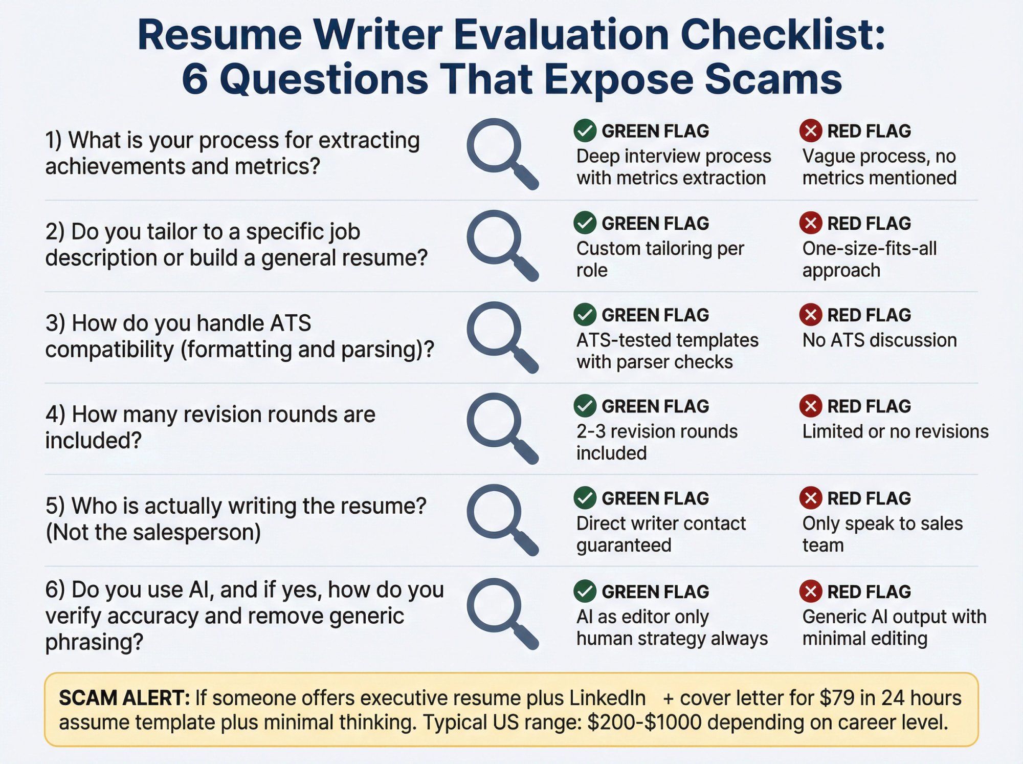 Visual checklist showing 6 critical questions to ask resume writers with red flags and green flags