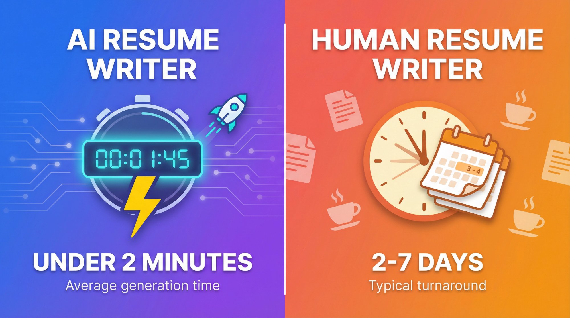 Split-screen visual comparing AI resume generation under 2 minutes versus human writer 2-7 day turnaround with clock graphics