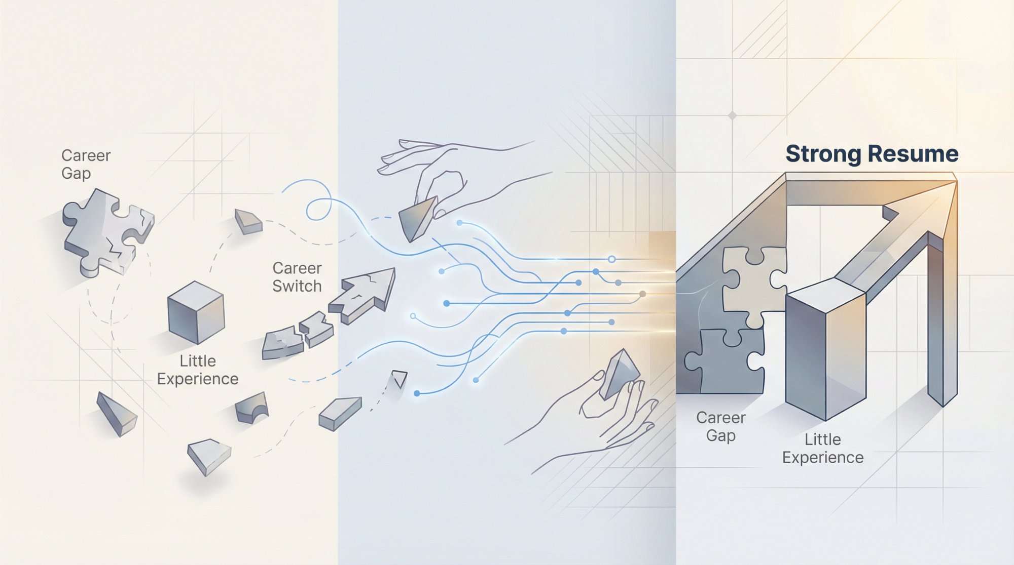 Visual metaphor showing scattered career fragments transforming into a cohesive resume structure