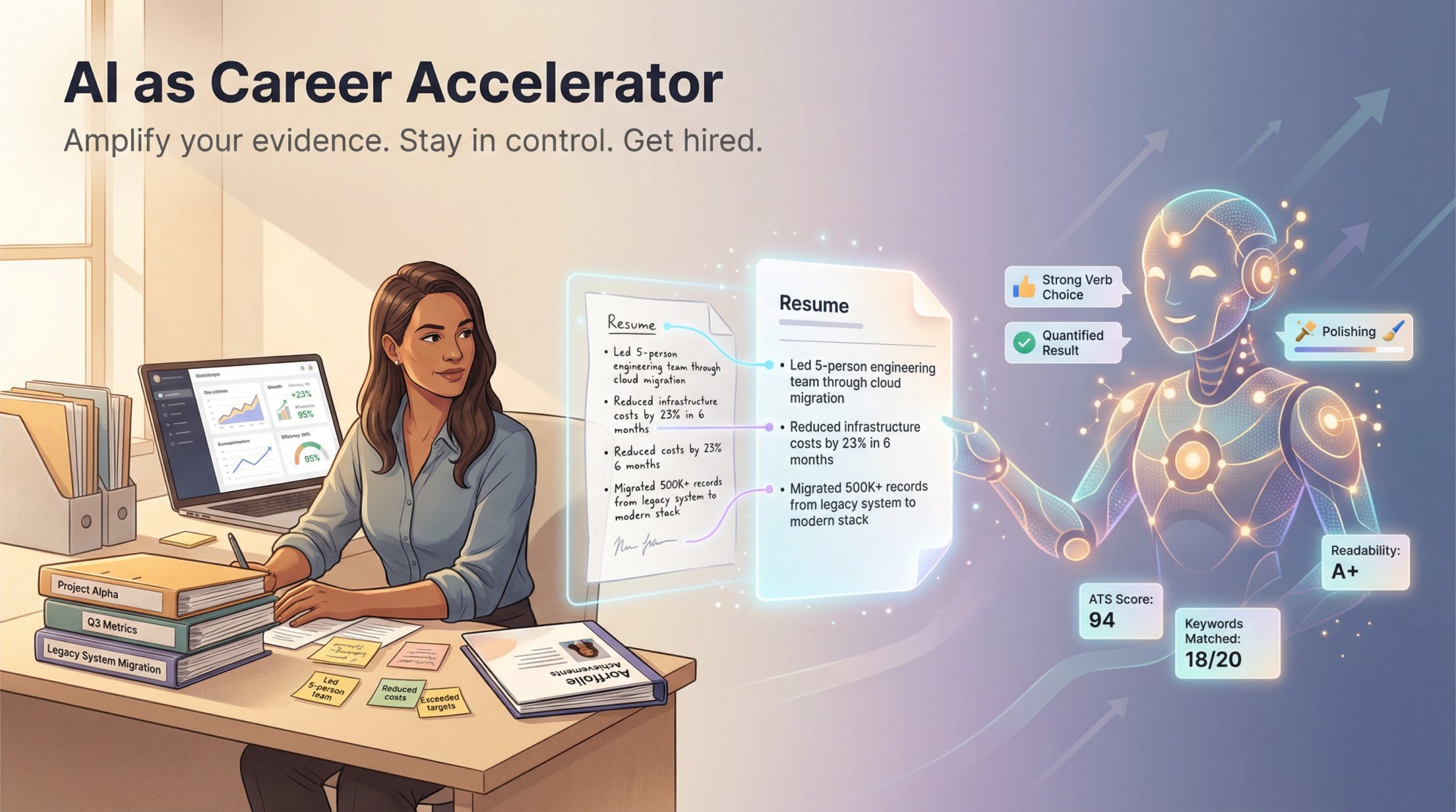 Editorial illustration showing job seeker collaborating with AI to create authentic, powerful resume