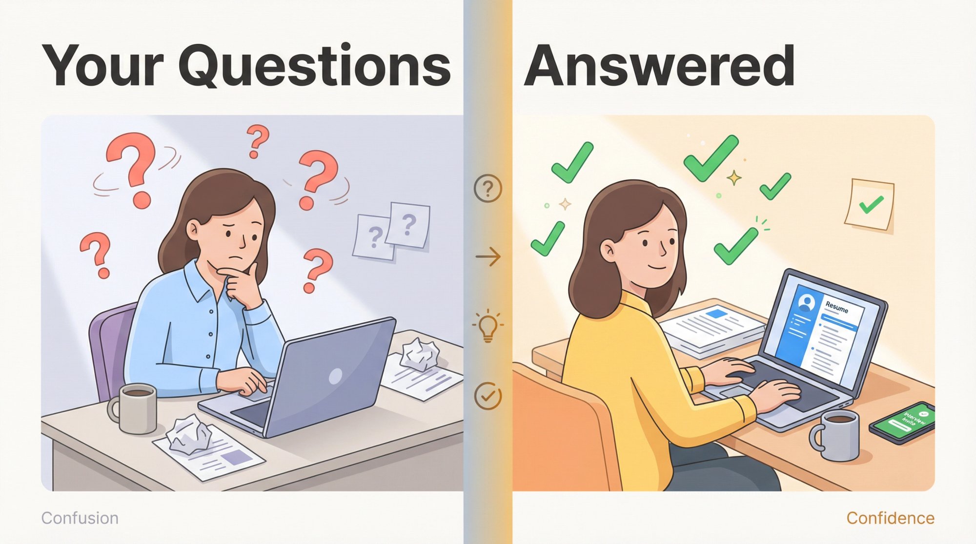 Split-panel illustration showing transformation from confused job seeker with question marks to confident candidate with checkmarks