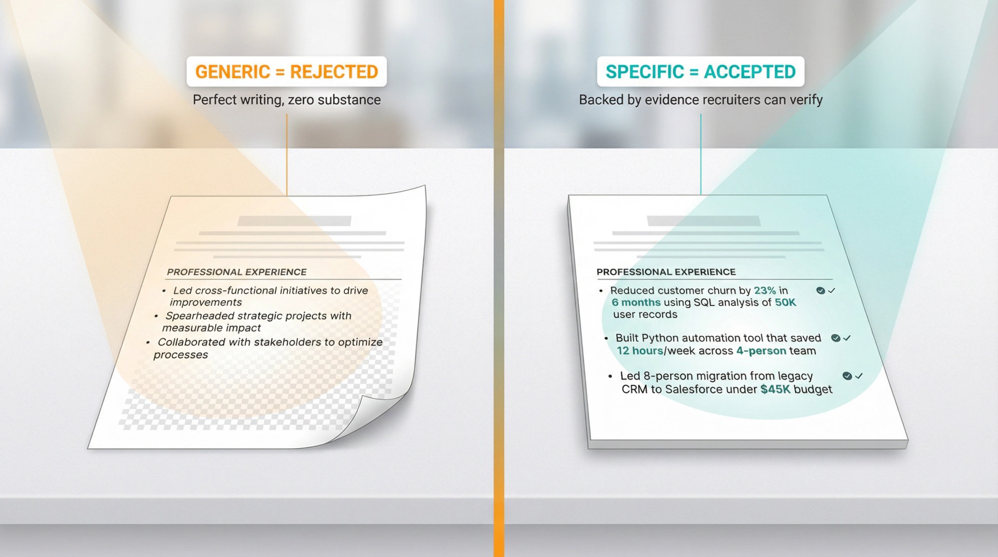 Visual comparison showing generic AI-written resume getting rejected versus specific evidence-based resume getting accepted