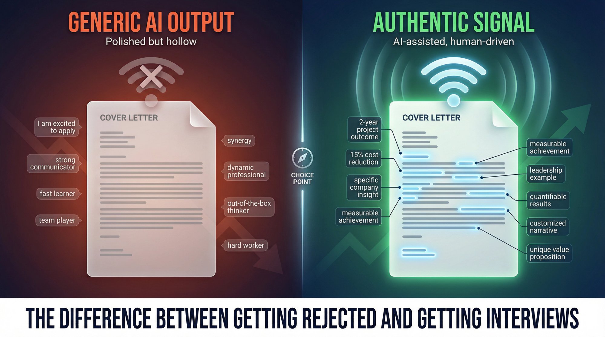 Split comparison showing generic AI-generated cover letter versus authentic personalized letter with real evidence