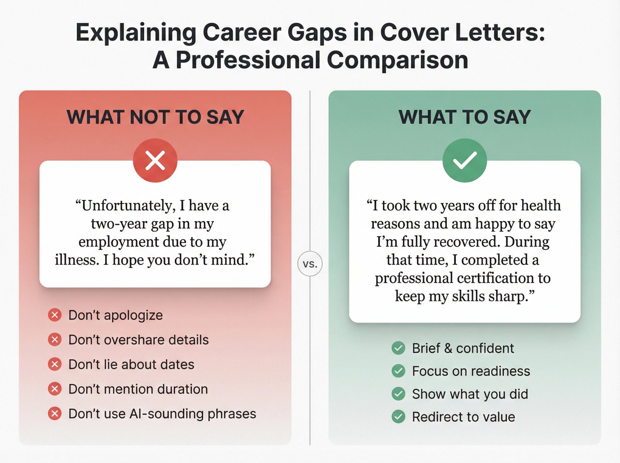 Side-by-side comparison showing weak apologetic career gap explanations versus confident forward-looking alternatives