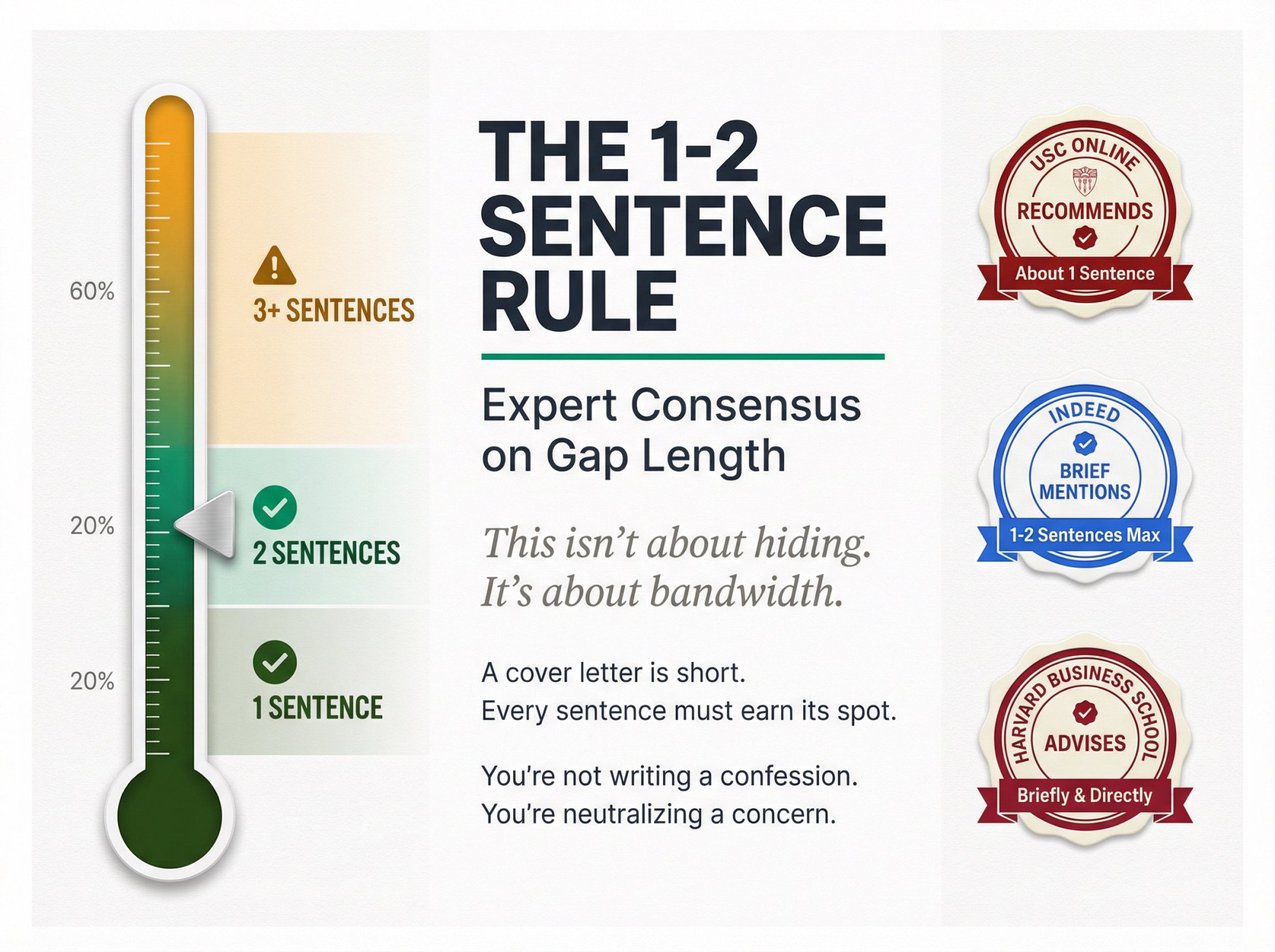 Editorial infographic showing the 1-2 sentence rule for career gap explanations with expert source validation from USC, Indeed, and Harvard