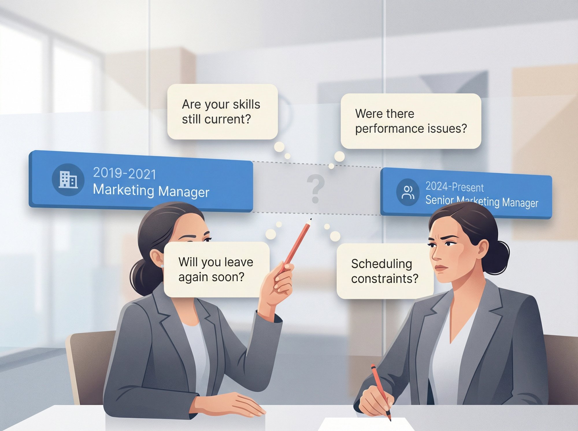 Illustration of a hiring manager reviewing a resume timeline with a visible career gap, surrounded by thought bubbles showing common employer concerns