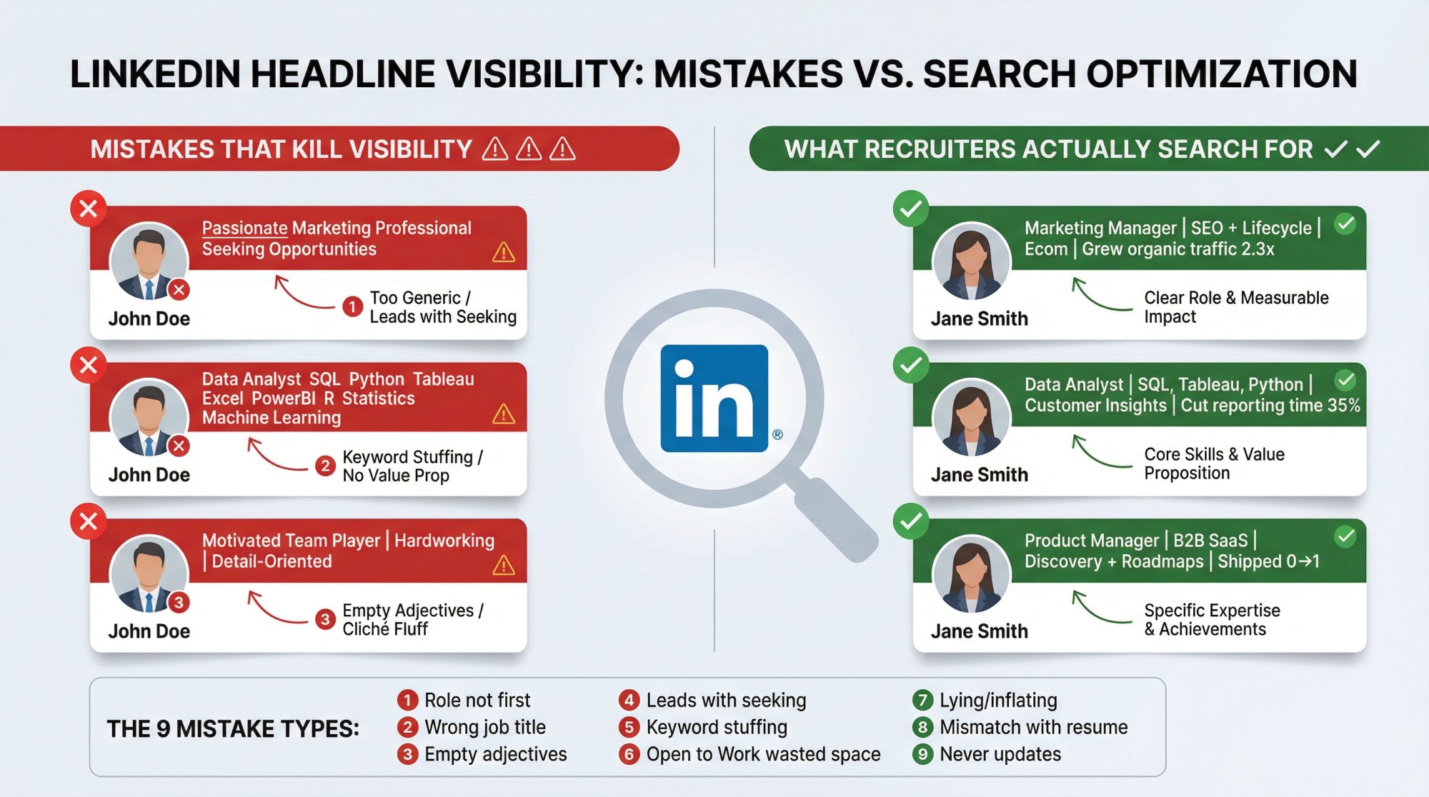 Visual comparison showing 9 LinkedIn headline mistakes that reduce visibility vs correct formatting