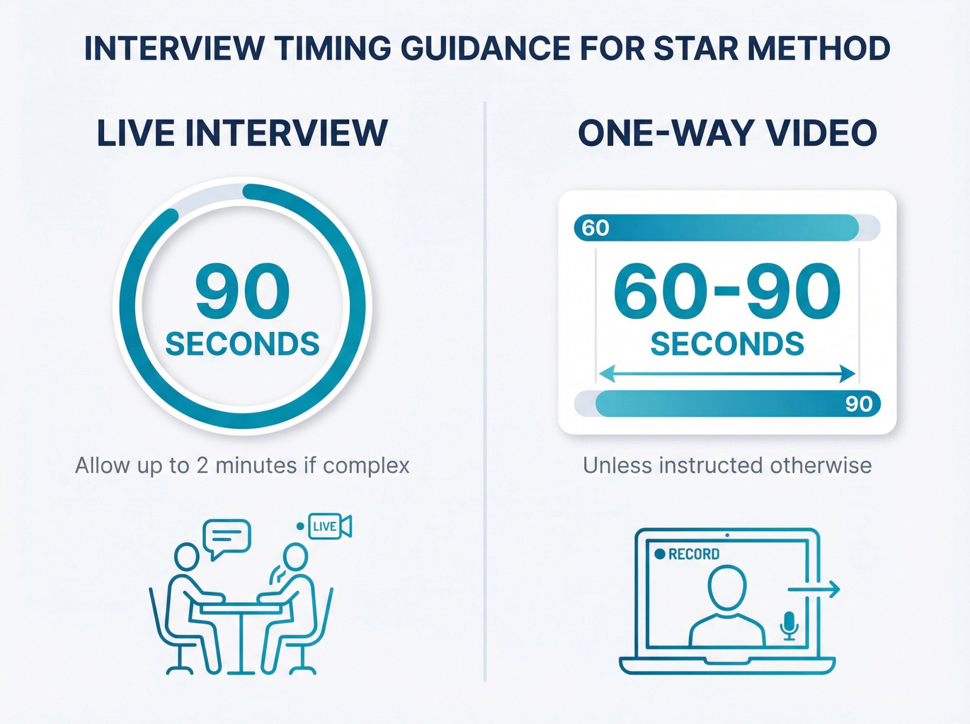 Split-panel infographic comparing ideal STAR answer lengths: 90 seconds for live interviews vs 60-90 seconds for one-way video